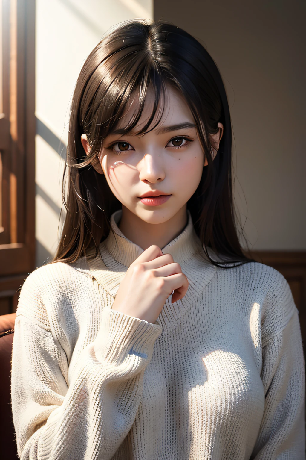 ultra high res,masterpiece,best quality,
very detailde face,detailed eyes,extremely intricate,perfect glossy shiny skins,perfect lighting,detailed lighting,dramatic shadows,ray tracing,
1girl,upper body,black sweater,looking at viewer,