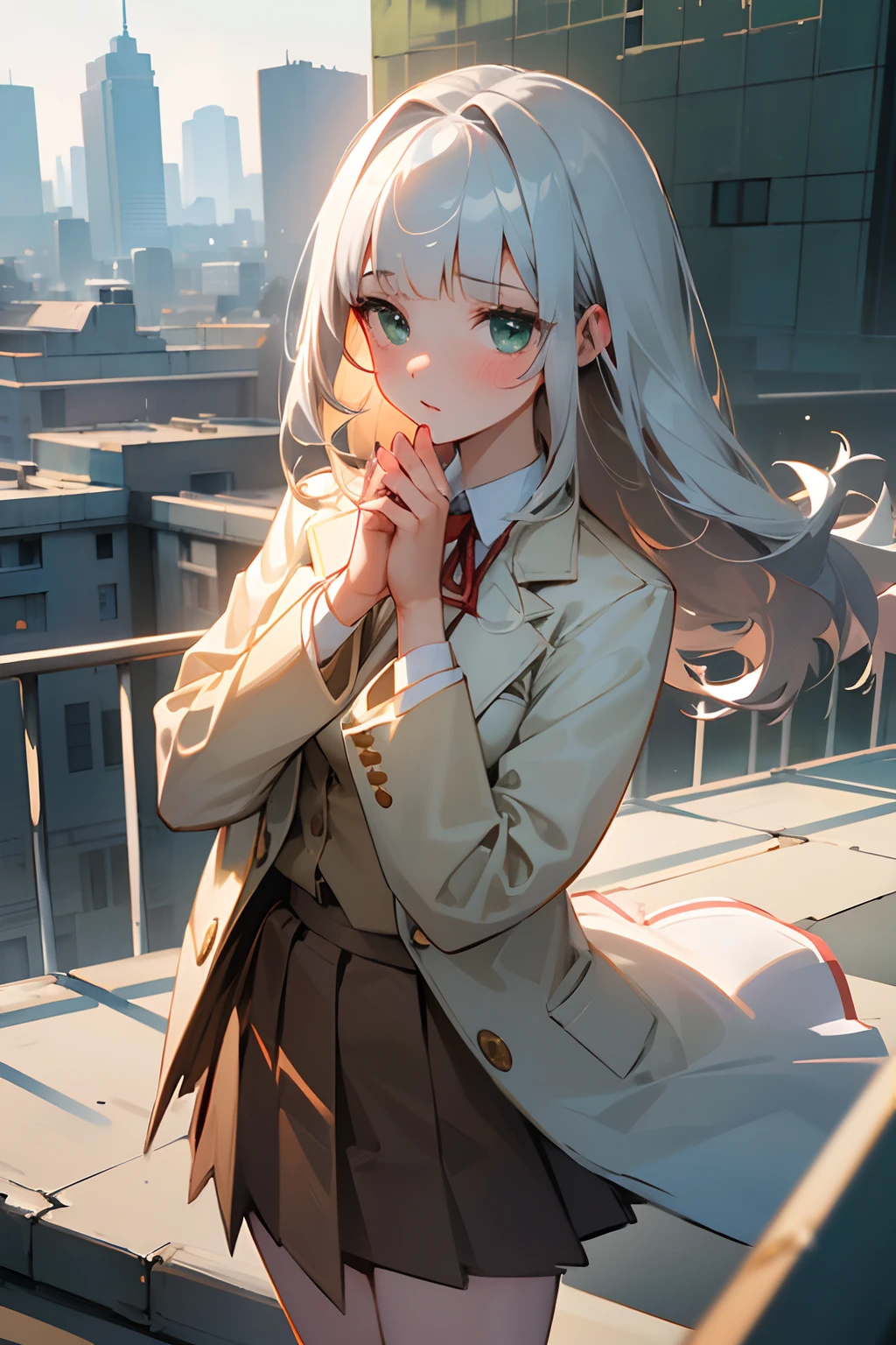 ((Masterpiece)), (Professional Photography:1.2), (High Definition:1.3), best quality, 8K, Textured skin, cinematic lighting, (1girl), short stature, ((cute teenage young girl)), on the rooftop, extend both hands, (very blunt bangs, slightly loose curls hair, breasts length hair, high details of pale silver hair), very blush and lewd face, (cute green eyes), drooping eyes, slender waist, (pale Ivory color blazer student's uniform, white blouse), put on red string ribbon, (brown skirt), extend both hands, sunnyday