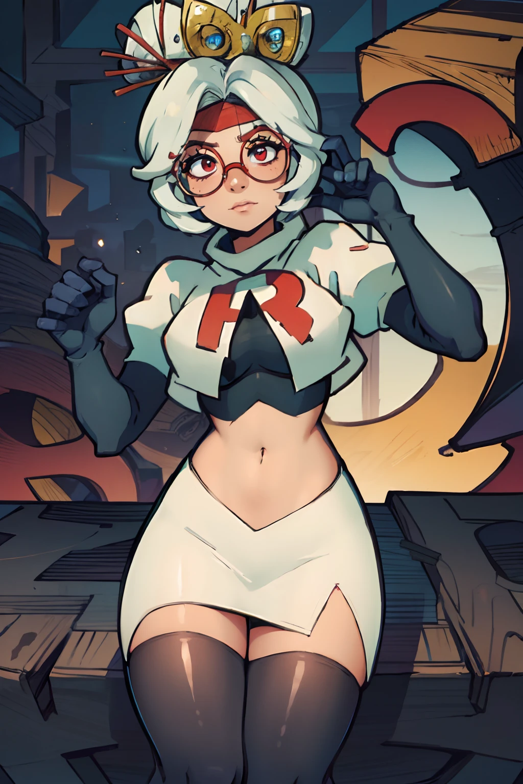 purah,team rocket,team rocket uniform, red letter R, white skirt,white crop top,black thigh-highs,black elbow gloves, sinister villianess aura red glasses, hair ornament,