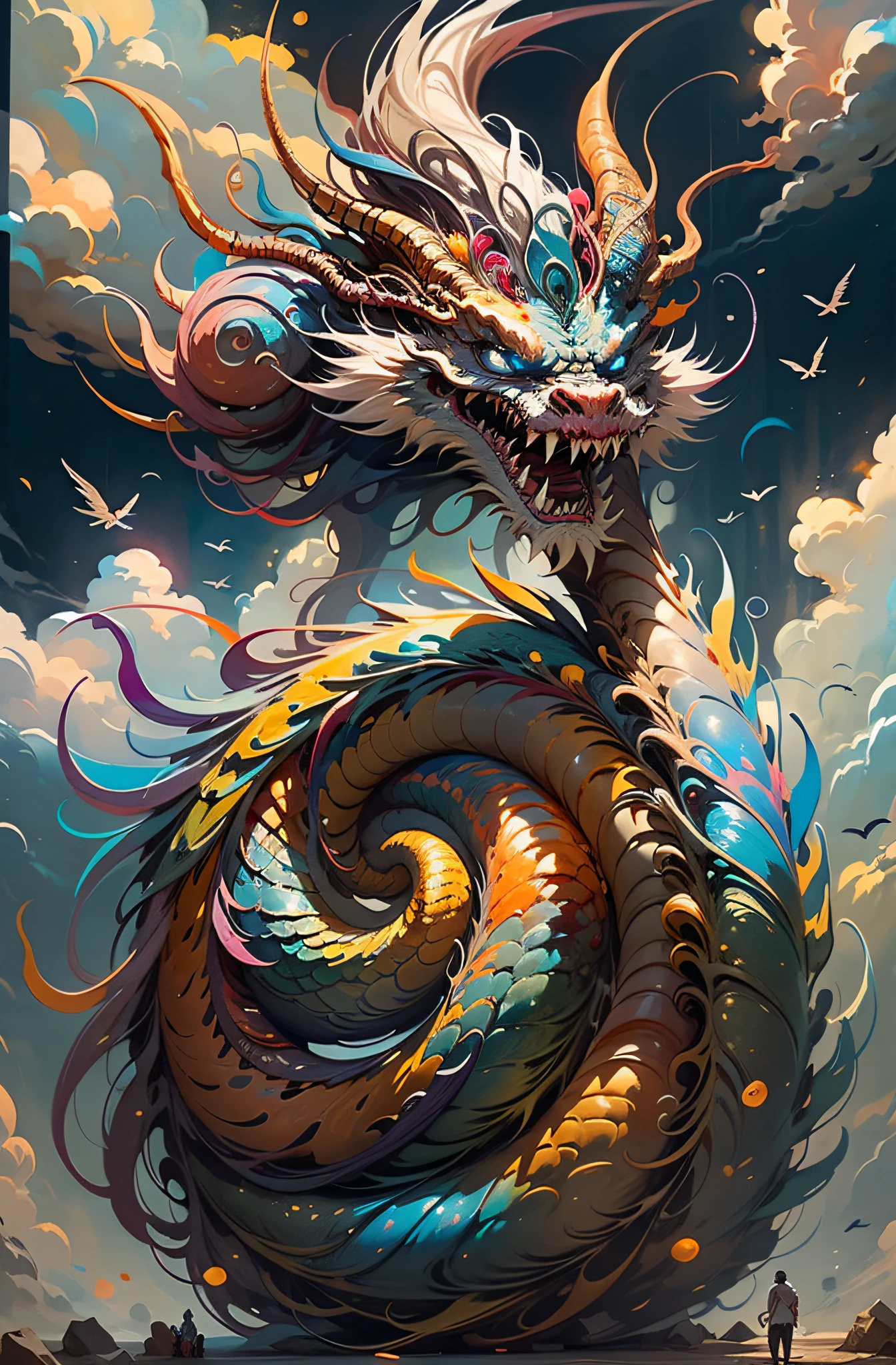 Best quality at best，tmasterpiece，超高分辨率，without humans，（The long：1.2），（finely：1.2），Long hair，dentes pontiagudos，eBlue eyes，teeth，der riese，1boys，The bird，exteriors，standing on your feet，Balance，​​clouds，banya，from back，armour，Skysky，with her mouth open，faceoff，Accumulating power，ogre，Size difference，White hair，buliding，vale，（textures true to reality：1.2），（Glowing multicolored scales：1.2），（realistic detail：1.2），（[frontage|Lateral face]：1.1），hdr，Ultra-detailed 3D modeling，Like Tim Burton、Dale Chihuli、Xiaolongcheng、Cyril Rolando and other authors such as Jr. Giger's style paintings are just as magical。Shadows and lighting are intertwined，Produces brilliant results。