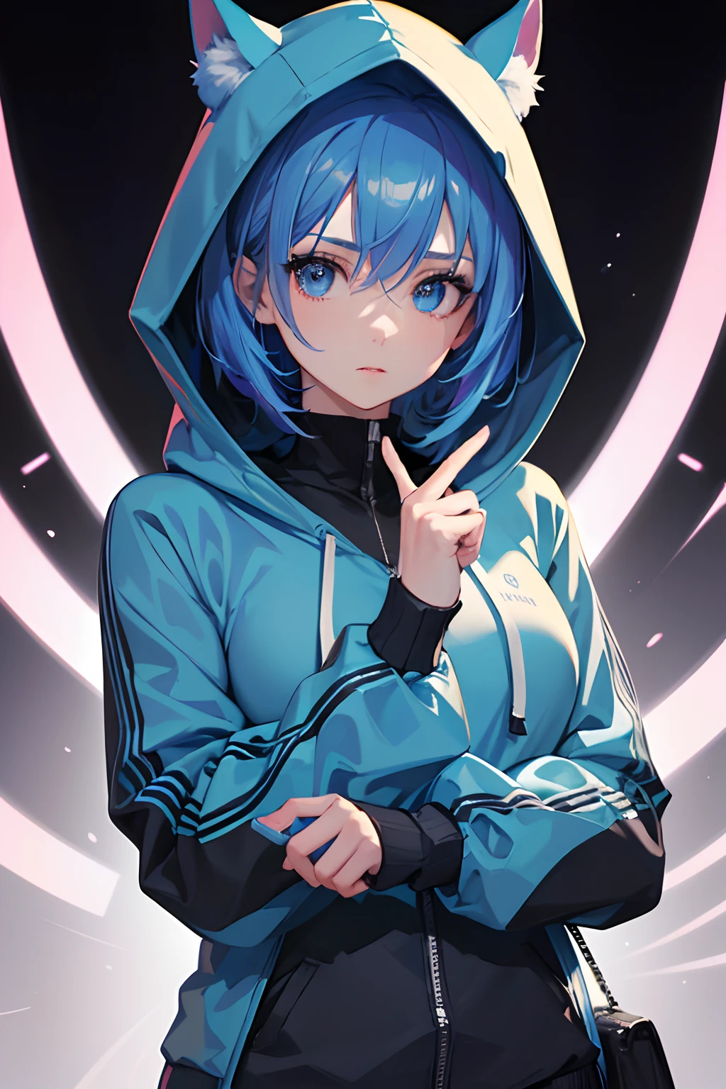 masterpiece, best quality, 1girl, short hair, blue hair with pink hightlight, blue eyes, techwear hoodie, detailed eyes, detailed facial features, realistic and high resolution (best quality, 4k, 8k, highres, masterpiece:1.2)