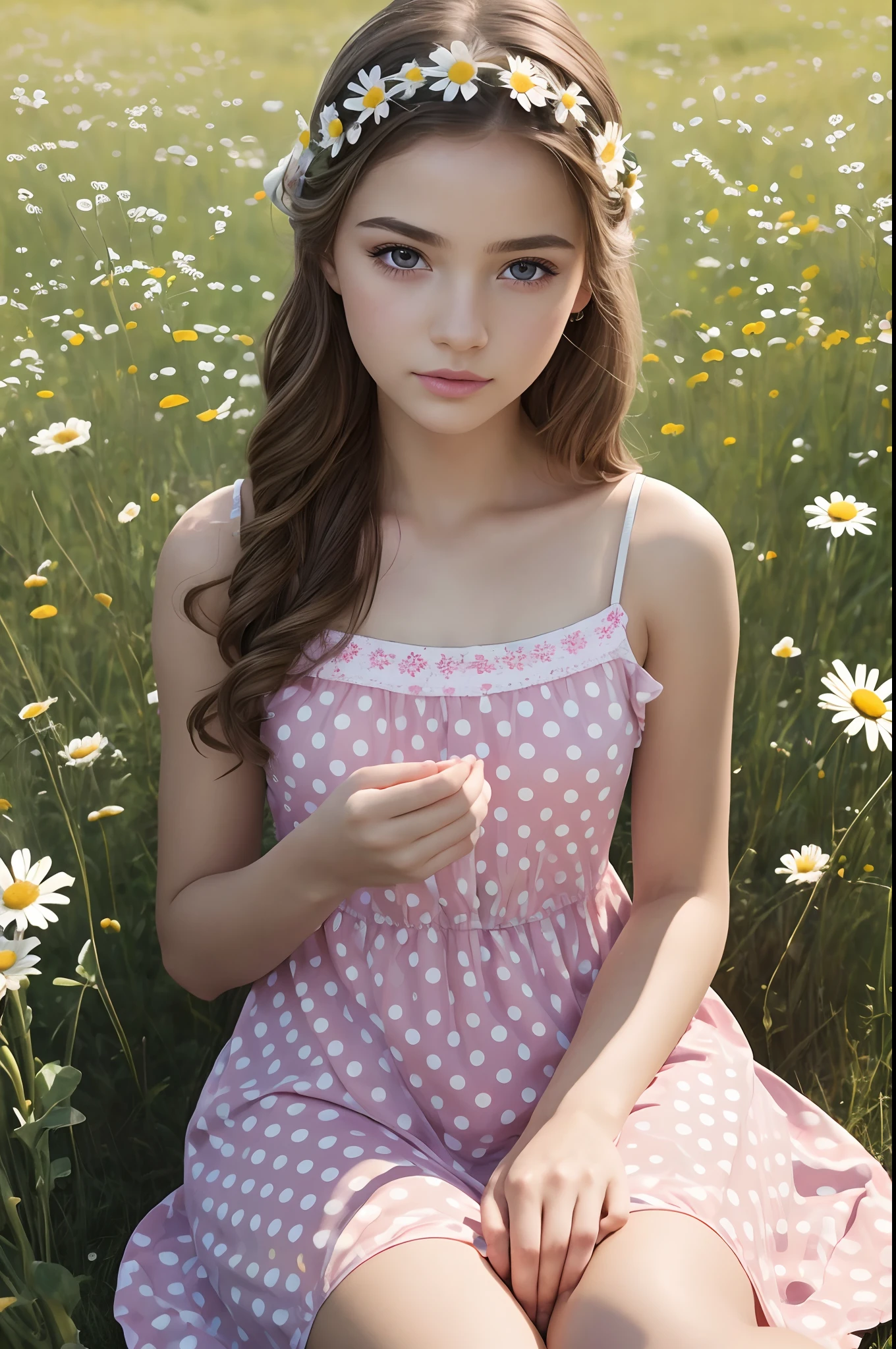 A girl with flowers in her hands, fortune-telling with a daisy, a -yeld gi Russian girl, sitting in a meadow with daisies, light polka dot sundress, makeup artists doing makeup for celebrities, (best quality, 4k, 8k, highres, masterpiece:1.2), ultra-detailed, (realistic, photorealistic, photo-realistic:1.37), oil painting, extremely detailed eyes and face, long eyelashes, portraits, vivid colors, soft natural lighting