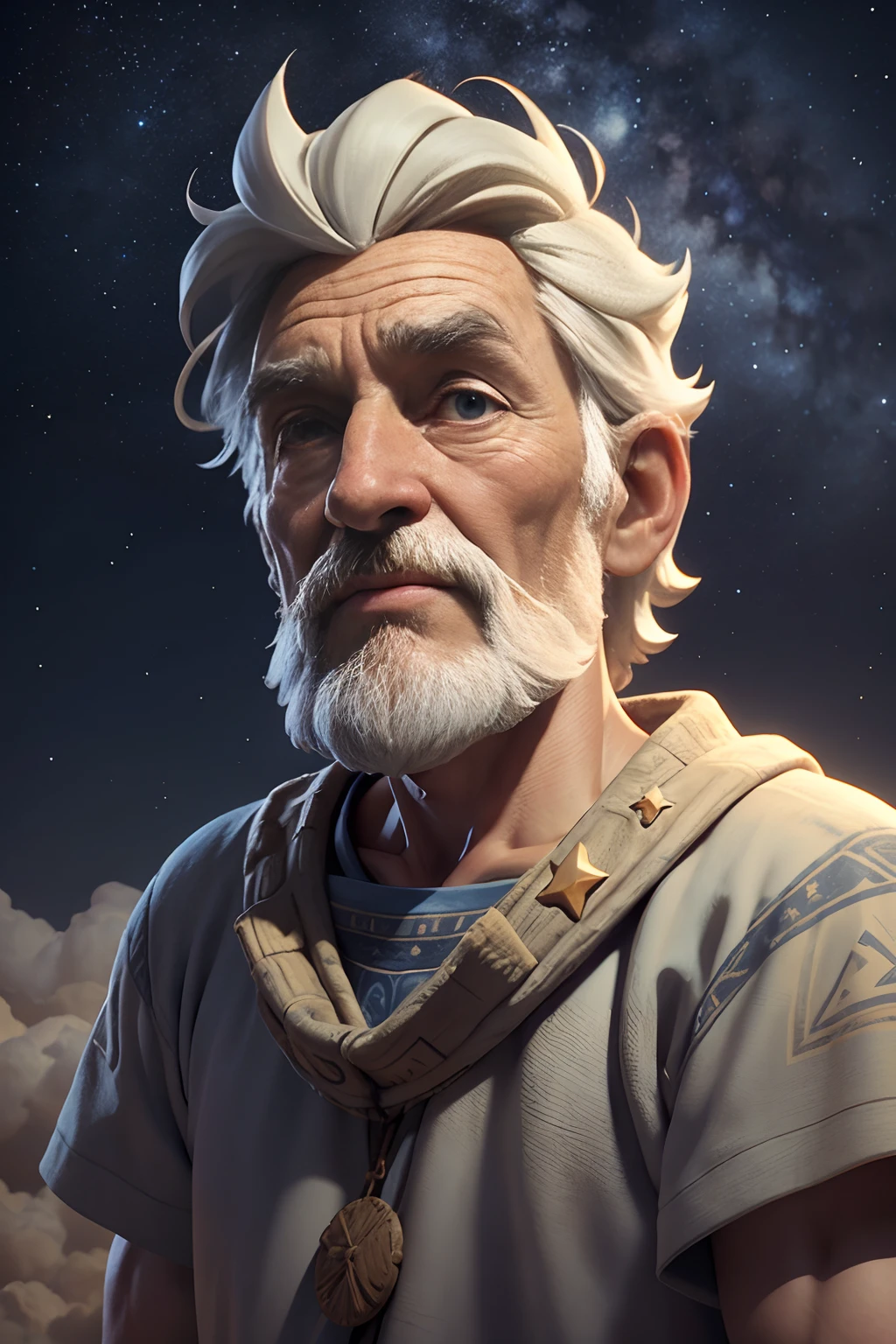 The old man throws back his head and looks up at the night sky with huge stars, Clouds around the edges, Ancient Biblical Setting, 3D cartoon in the style of Disney Pixar. a closeup of a. blurred background. Light haze