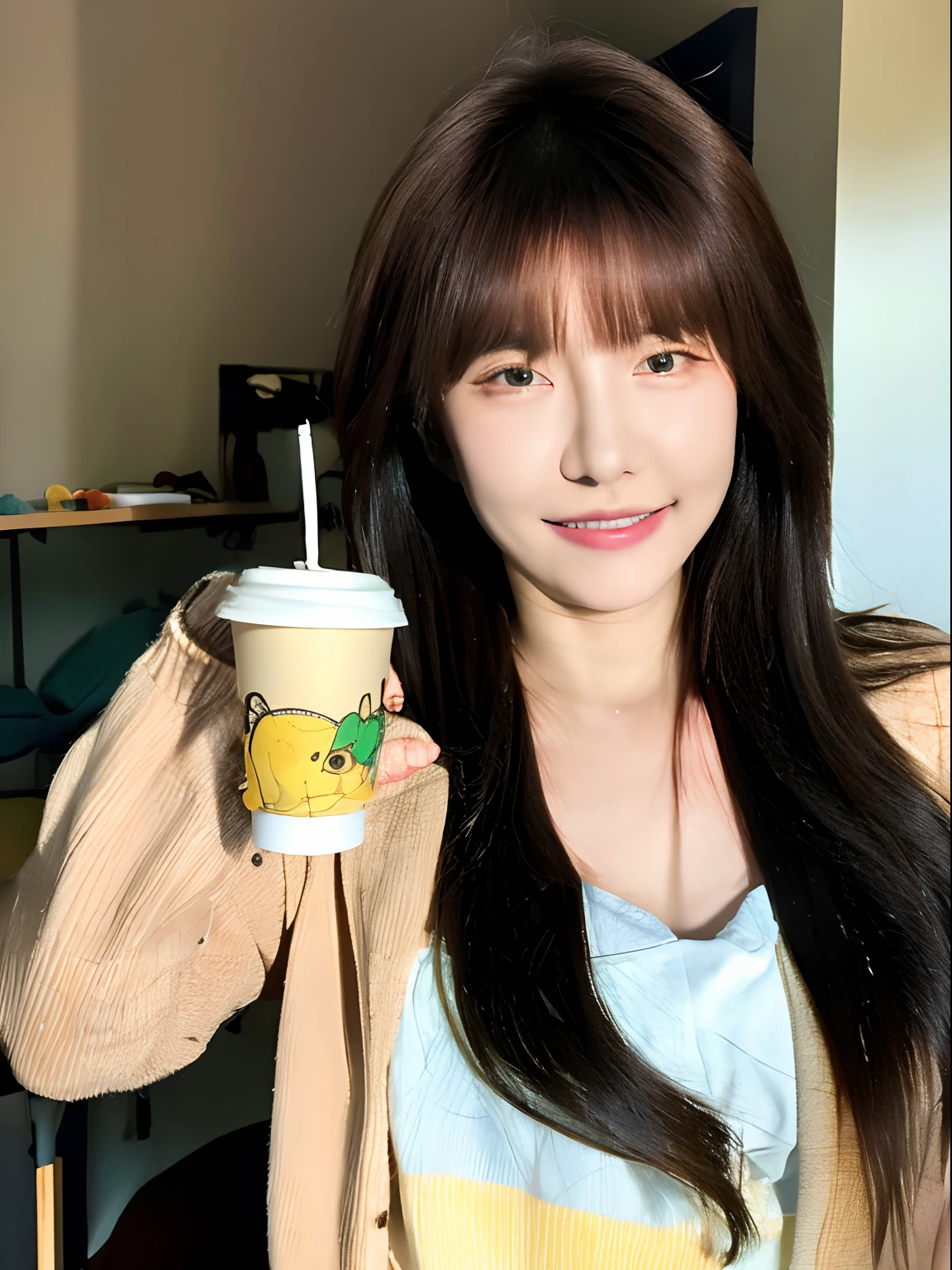 There's a young woman holding a cup of coffee in her hand, menina bonito-fino-cara, bonito rosto de anime natural, com bonito - fino - rosto, chan sakimi, Chiho, Yoshitomo Nara, cara fofa jovem, Rosto bonito das meninas japonesas, cabelos castanhos e olhos grandes, menina kawaii bonito, lindos olhos grandes luz