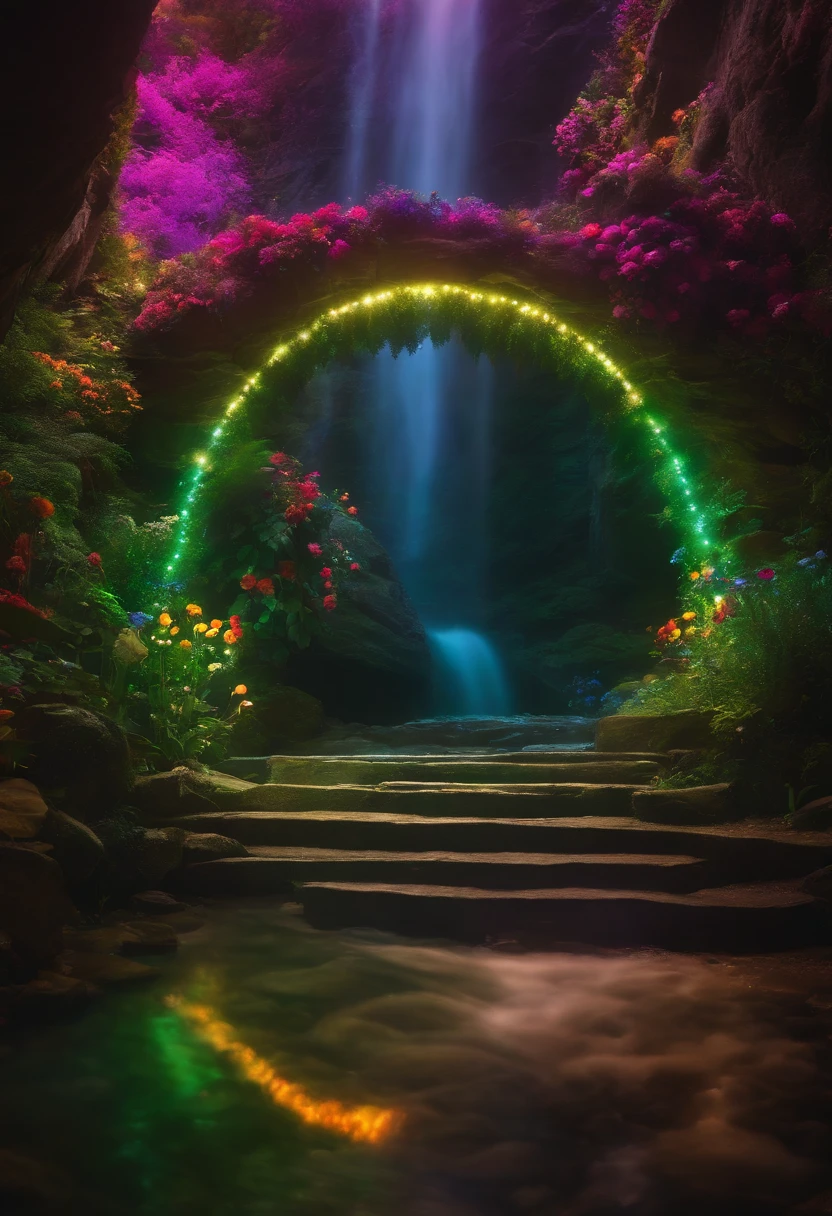 Brightly colored tunnels with flowers and plants, Colorful and magical crystal bridge, Complex rainbow environment, magical colors and atmosphere, magical colors and atmosphere, Entrance to the etheric realm, Magic Cave, magical environment, ethereal rainbows, Glittering crystal cave, a magical colorful flower, very magical and dreamy, In the Liminal Underground Gardens, Rainbow Overlay! Beautifully Lit, mystical colors