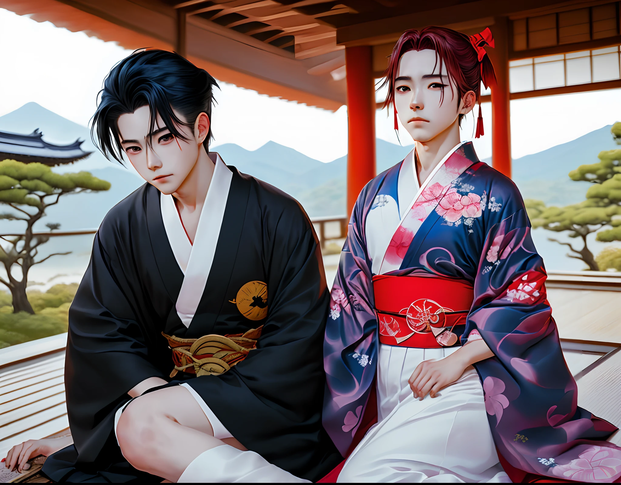 (Yoriichi Tsugikuni base + Kimetsu no yaiba + Koyoharu Gotouge art style + hombre adulto + ufotable +  Ufotable art style + hombre + piel blanca + ojos rojos + cabello largo rizado burdeos con flequillo corto estilo cortina partido en medio+ dos cuernos en la cabeza + oni version+ marca de cazador en la un costado de la frente + Sun symbol on chest + kimono rojo + nails long + Lying in a Japanese-style house)