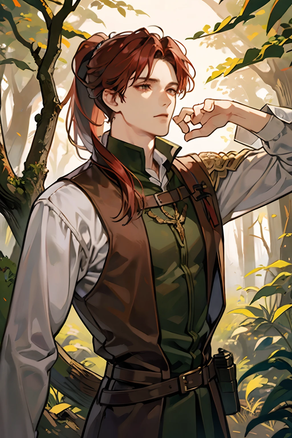 1male, adult face, handsome, a hunter, plain brown clothing, an archer, middle ages, fantasy setting, 1500s, in a forest woodlands, condescending expression, dark red hair with low ponytail