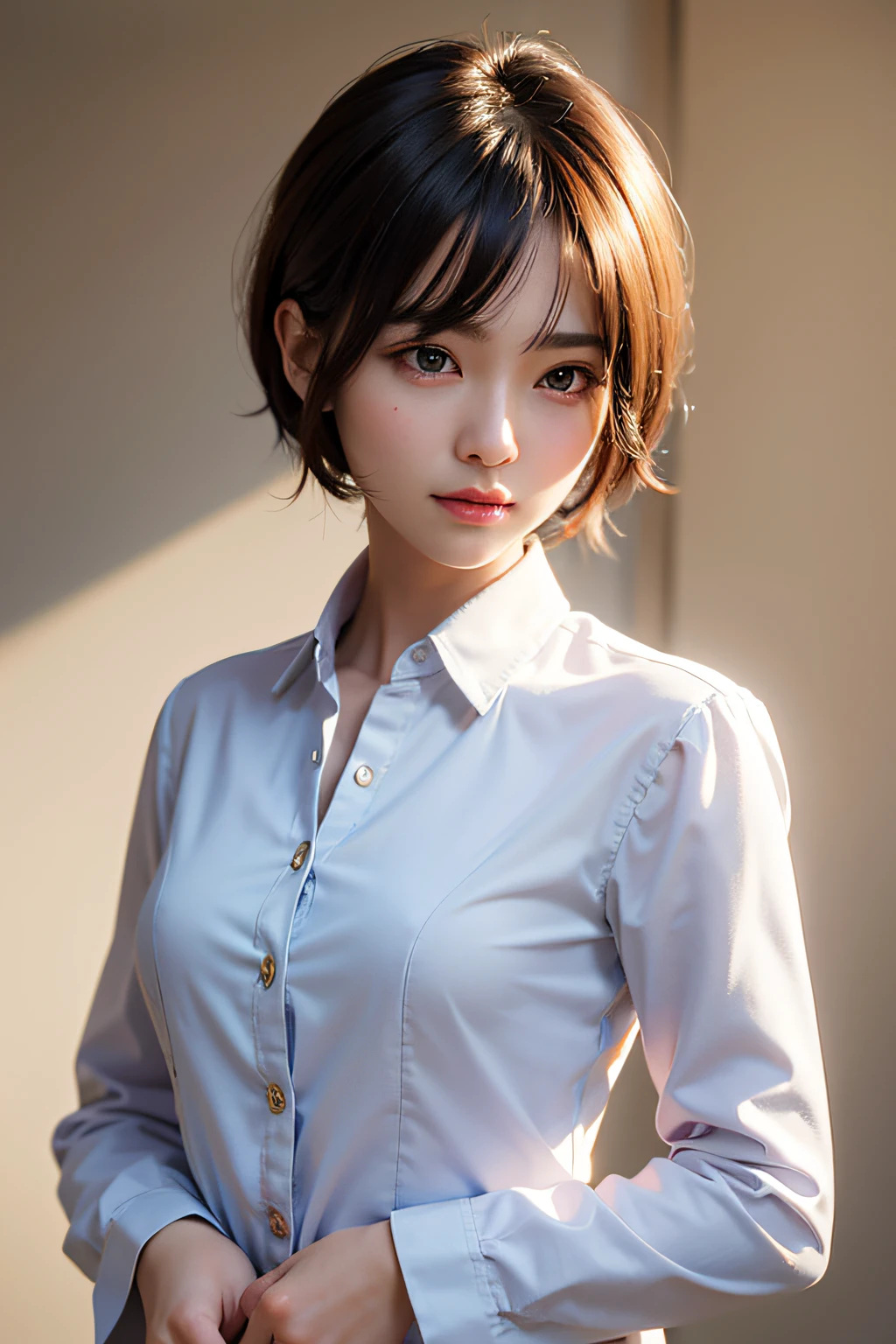 超A high resolution、​masterpiece、top-quality、
extra detailed face、A detailed eye、Very complex and、perfect glossy shiny skins、Perfect litthing、Detailed Lighting、Dramatic shadows、Ray traching、
1 girl in、Very Shorthair、The upper part of the body、Tailored jacket、white  shirt、looking at the viewers、(A slight smil:0.4)
