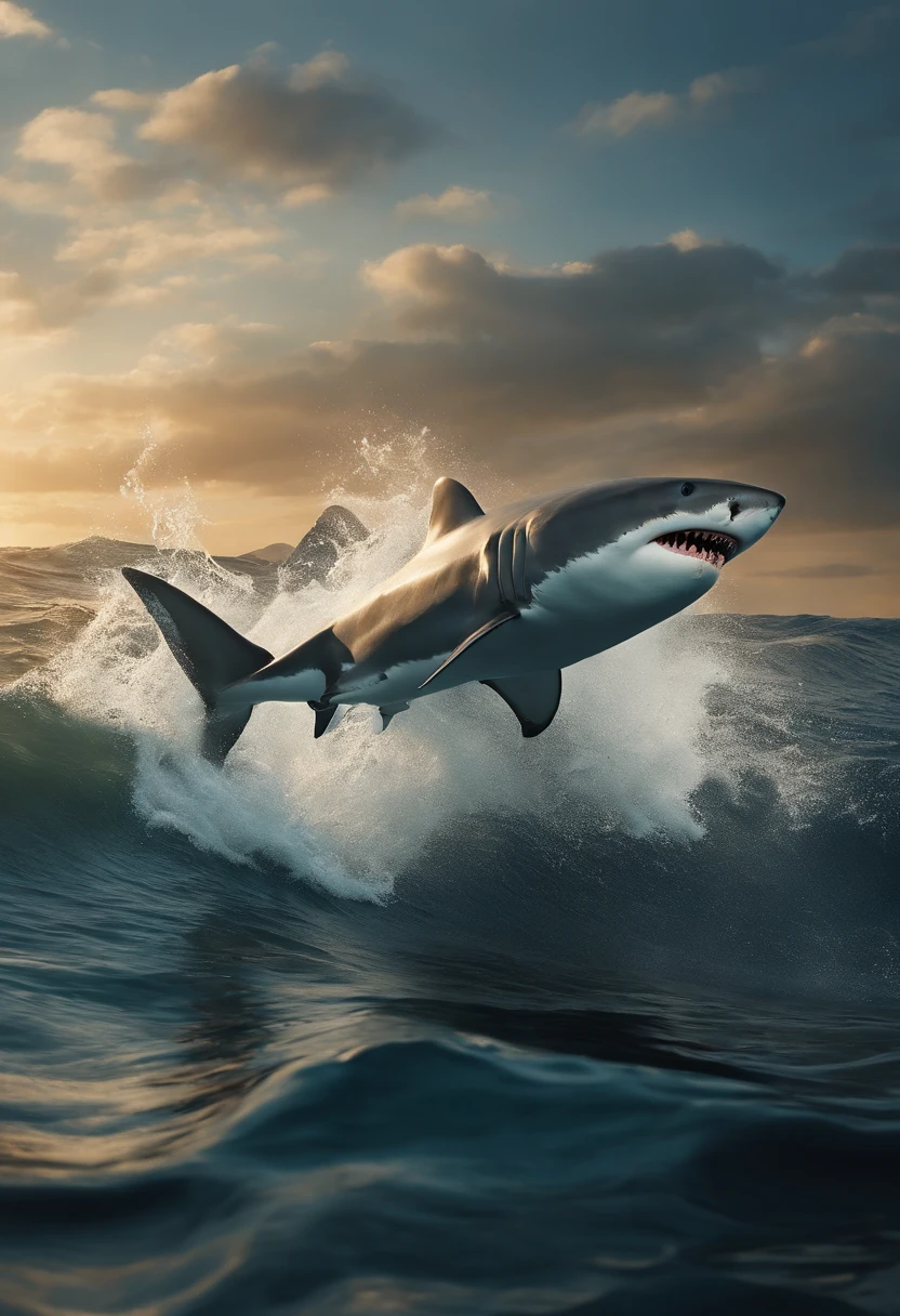 Sharks Jumping Out of the Water,avec une grande bouche ouverte,dents pointues,fierce,splashing,cgi,cg art
