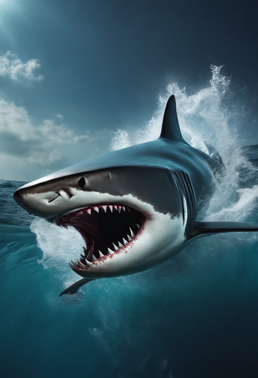 Sharks Jumping Out of the Water，avec une grande bouche ouverte，dents pointues，fierce，splashing,cgi,cg art