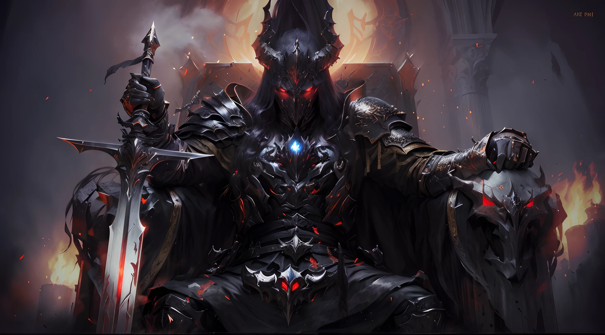 Image of a demonic knight sitting on a throne with two swords, Senhor de Cinder, O Senhor das Trevas Sauron, ares com armadura pesada e espada, arte conceitual digital diablo, Retrato de Sauron, cavaleiro do mal, Directed by: Arthur Pan, por Yang J, Sauron, in style the seated demon, Retrato pintado de Mordekaiser