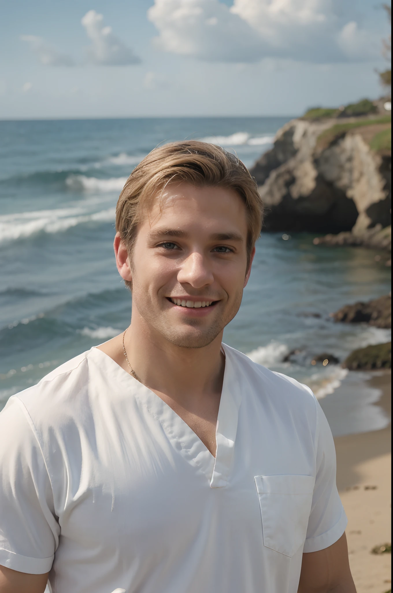 30 year old man very good looking, blonde hair, muscly, big biceps, smiling, cream shirt, blue levis, black doctor martins, sea in background