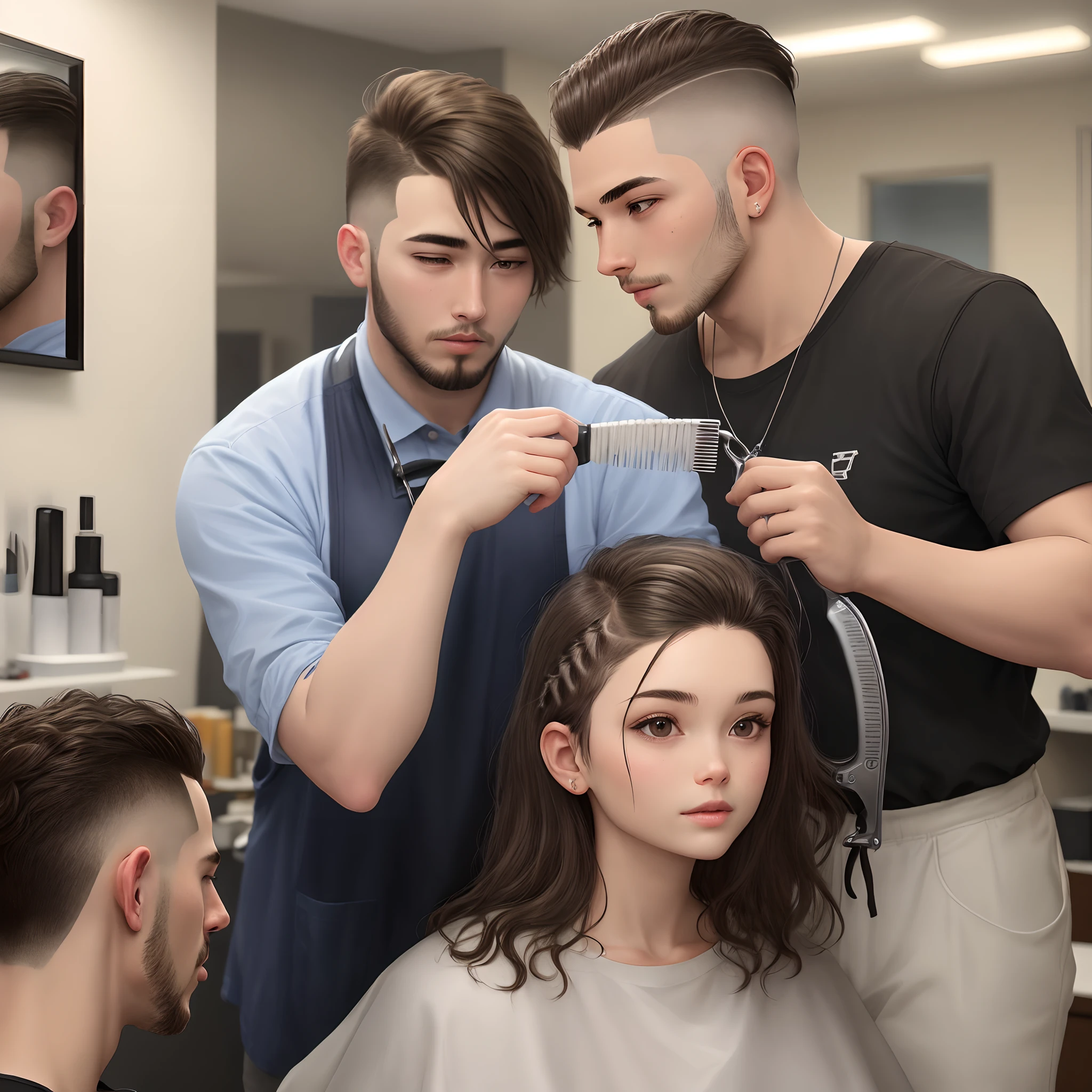 In a barbershop, girl shaves man's hair