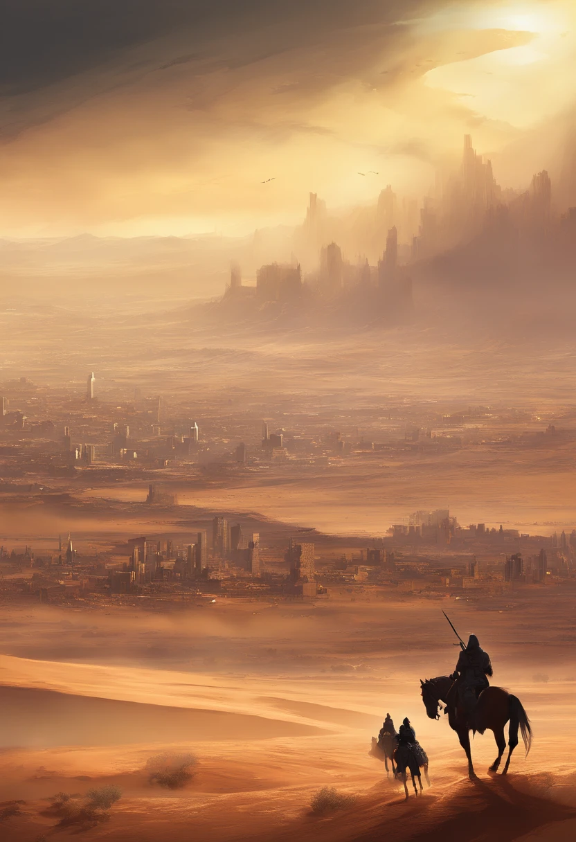 sun in haze, desert, horsemen, city in the distance, storm in the desert