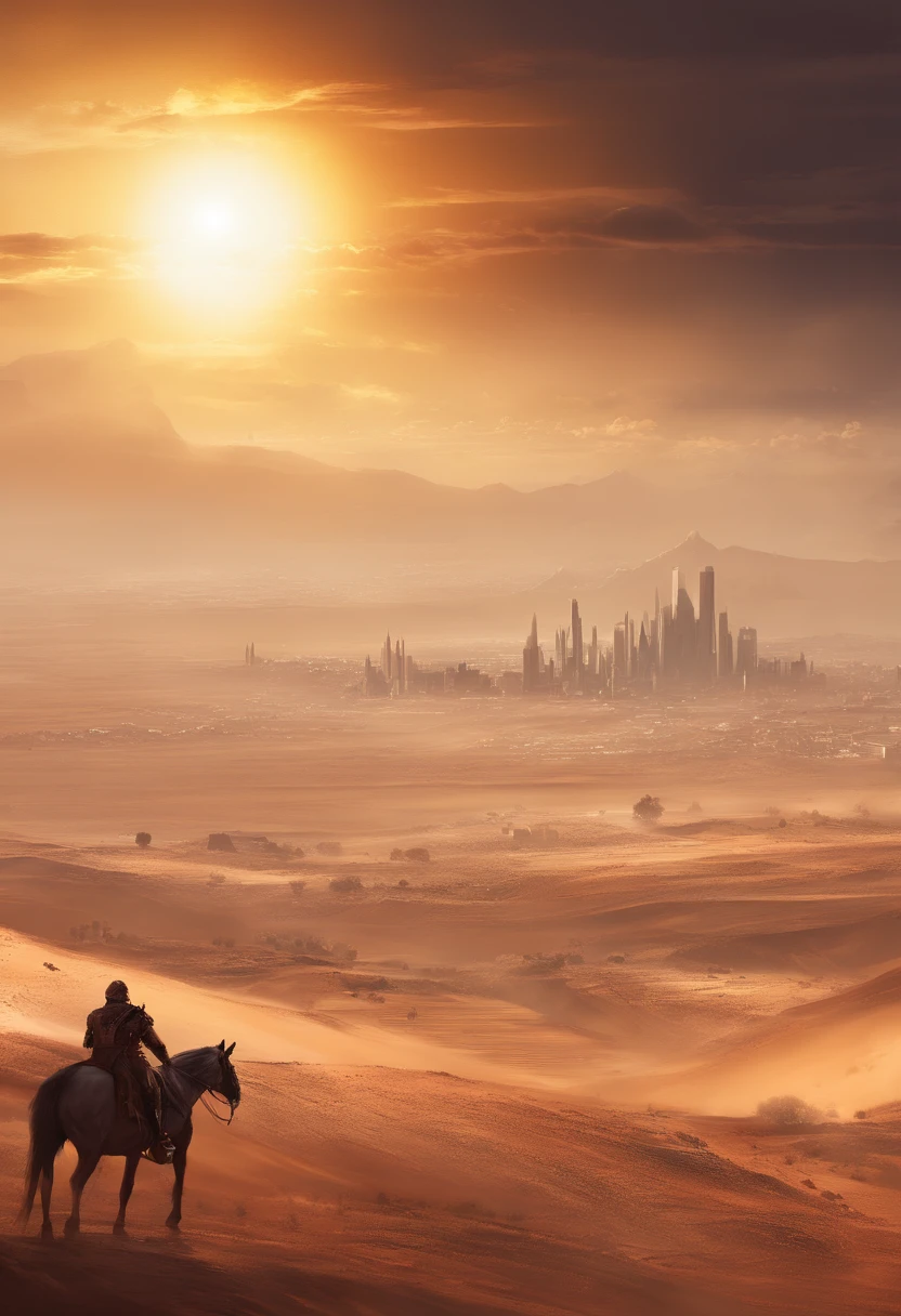 sun in haze, desert, horsemen, city in the distance, storm in the desert