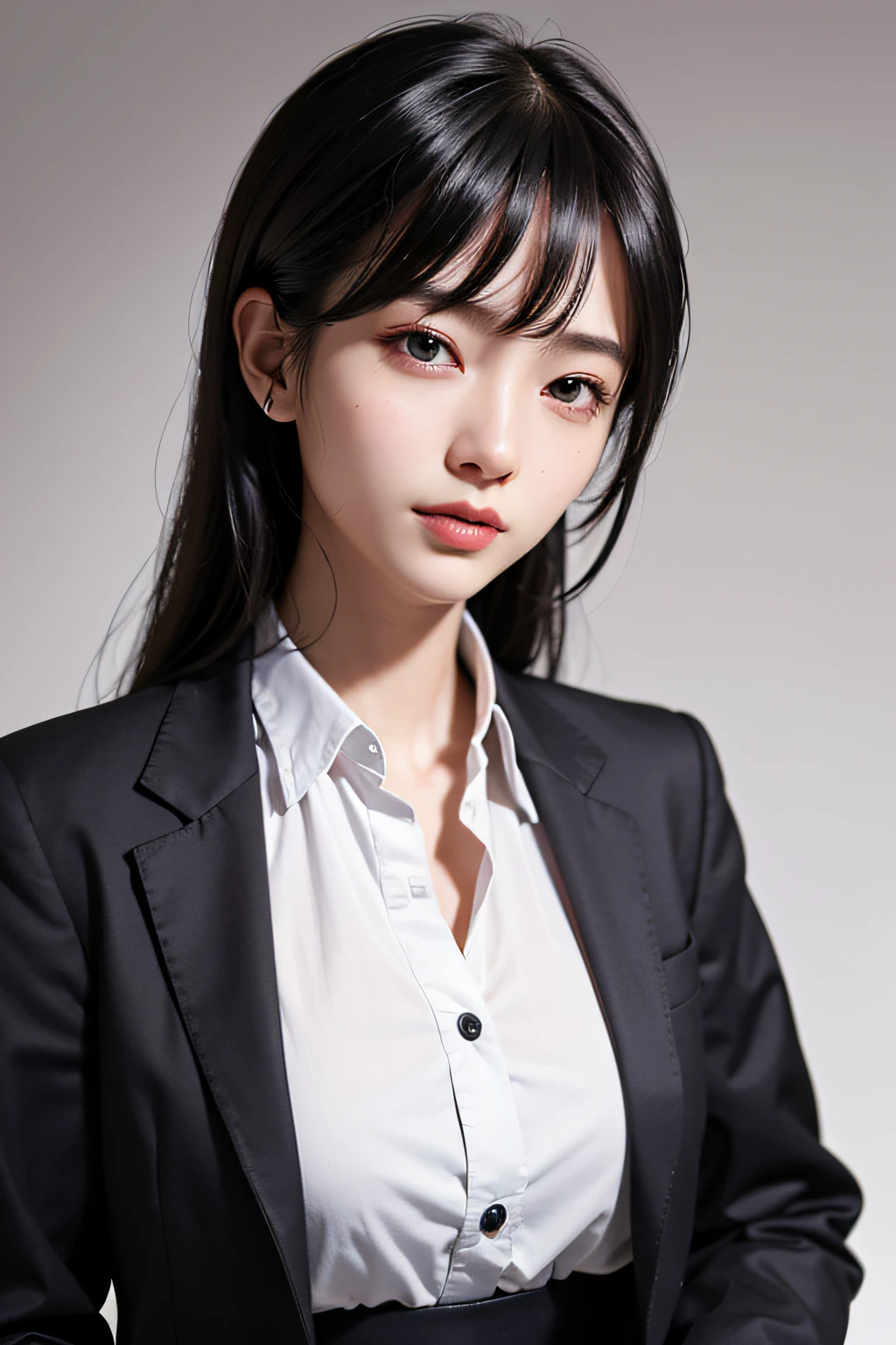 超A high resolution、masterpiece、top-quality、
extra detailed face、A detailed eye、Very complex and、perfect glossy shiny skins、Perfect litthing、Detailed Lighting、Dramatic shadows、Ray traching、
1 girl in、Top Fade、The upper part of the body、Black tailored jacket、white shirt、looking at the viewers、(A slight smil:0.4)