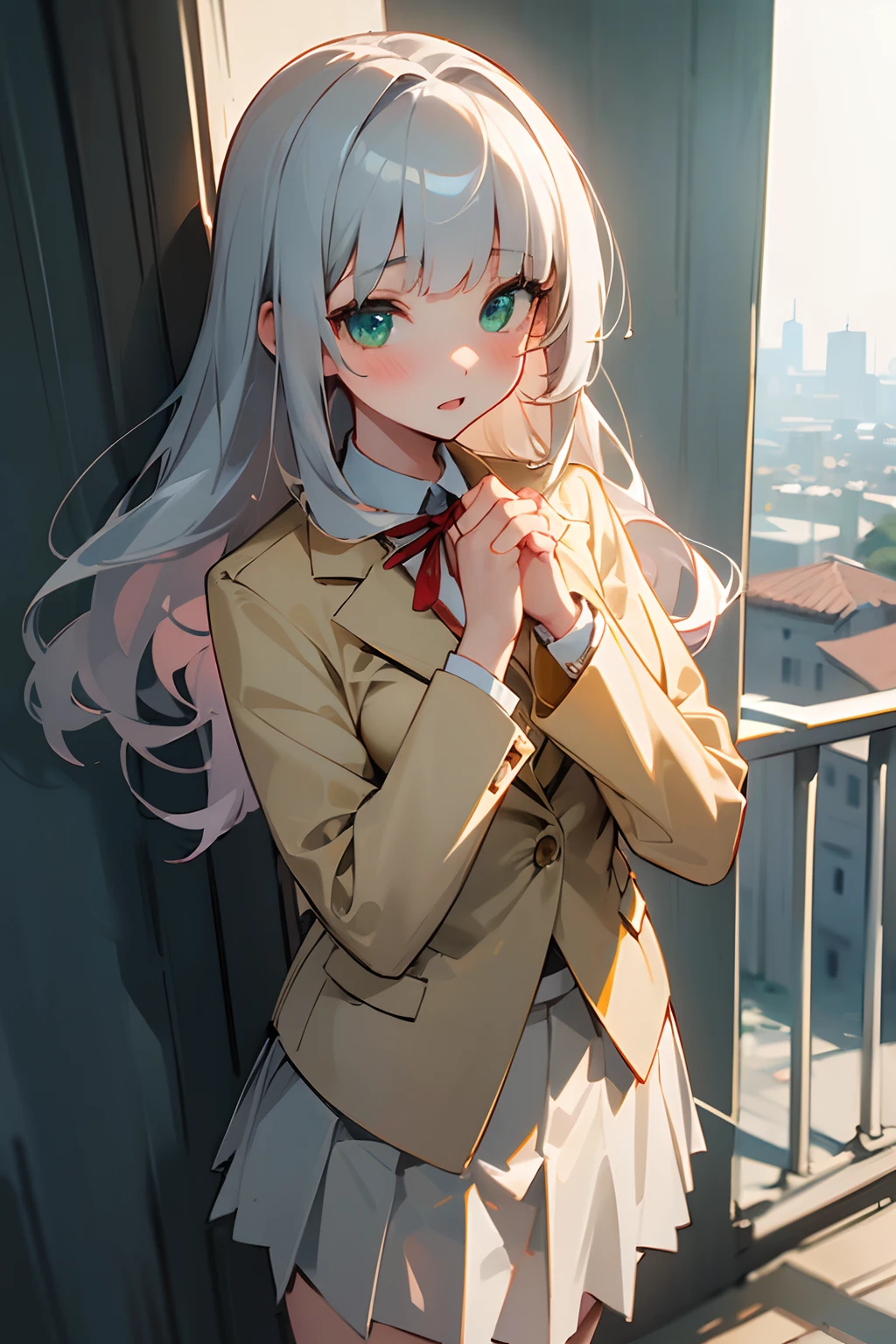 ((Masterpiece)), (Professional Photography:1.2), (High Definition:1.3), best quality, 8K, Textured skin, cinematic lighting, (1girl), short stature, ((cute age young girl)), on the rooftop, extend both hands, (very blunt bangs, slightly loose curls hair, breasts length hair, high details of pale silver hair), very blush and lewd face, (cute green eyes), drooping eyes, slender waist, (pale Ivory color blazer student's uniform, white blouse), put on red string ribbon, (brown skirt), extend both hands, sunnyday