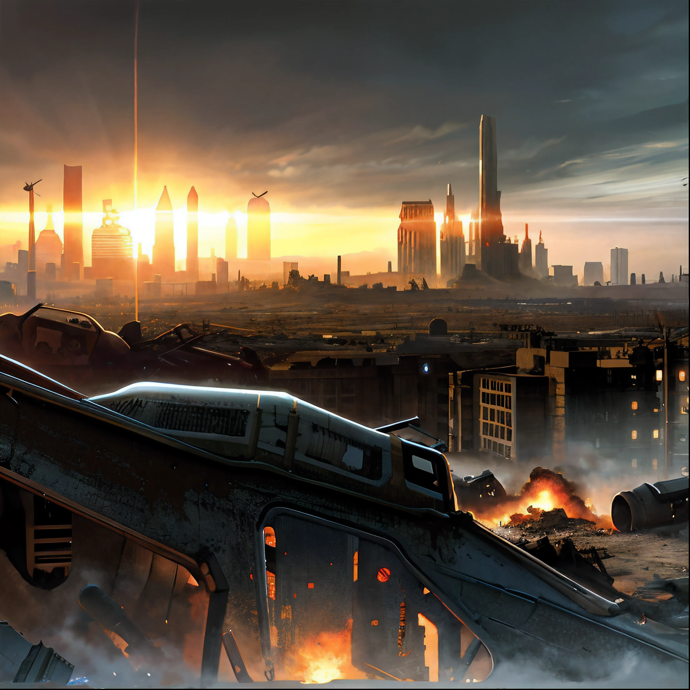 apocalyptic art, apocalyptic scene, dystopian future, destroyed city in the background, apocalyptic landscape, Sylvain Sarrail e Igor Morski, dystopian digital art, scenic dystopian environment, apocalyptic scenery, post apocalyptic landscape, realistic apocalyptic war scene, ! paisagem do apocalipse!!, Pintura escura pessimista, apocalyptic ambience, Armageddon apocalyptic scene with a destroyed modern city in the background