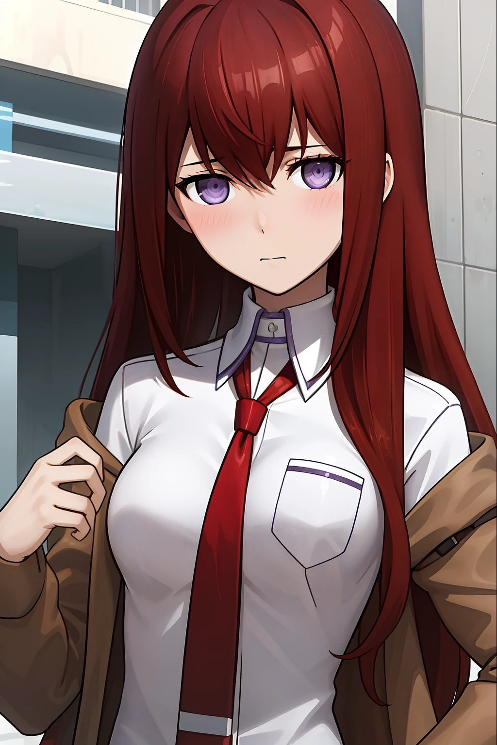 ((masterpiece,best quality,ultra detailed,8k)),brown_hair,collared_shirt,jacket,long_sleeves,makise_kurisu,standing,red_necktie,solo,1girl,white_shirt,perfect face,red_hair,purple_eyes,((blush)),upper body,(close_mouth)