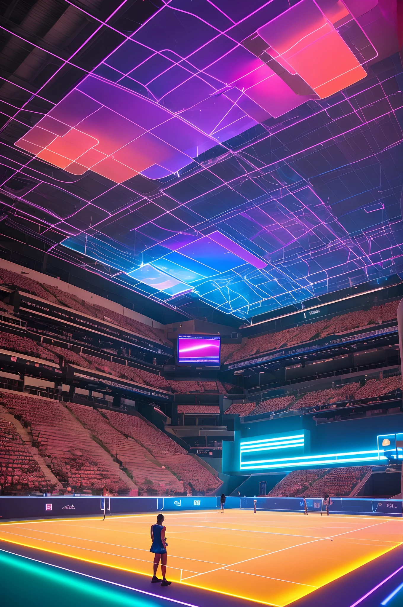 Visualize a futuristic volleyball court in a nocturnal setting. The lines of the court are formed by blue and purple LED trails that glow brightly in the darkness. The floor is made of futuristic material, refletindo as luzes neon que piscam ao redor. Side nets are made of fiber optic wires, Creating Shimmering Light Patterns. The light towers are composed of holograms that project a cybernetic aura over the environment. The sound of footsteps echoes on the illuminated floor, while players wearing holographic uniforms move with agility, deixando rastros de neon no ar. Uma atmosfera eletrizante permeia a quadra, turning it into a futuristic neon volleyball spectacle.