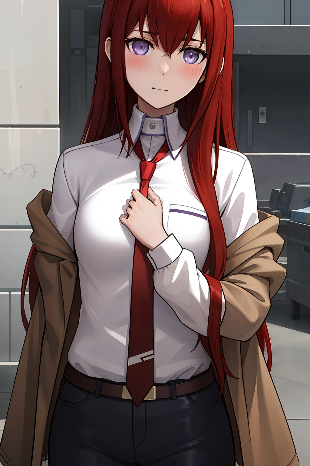 ((masterpiece,best quality,ultra detailed,8k)),brown_hair,collared_shirt,jacket,long_sleeves,makise_kurisu,standing,red_necktie,solo,1girl,white_shirt,perfect face,red_hair,purple_eyes,((blush)),upper body,(close_mouth)