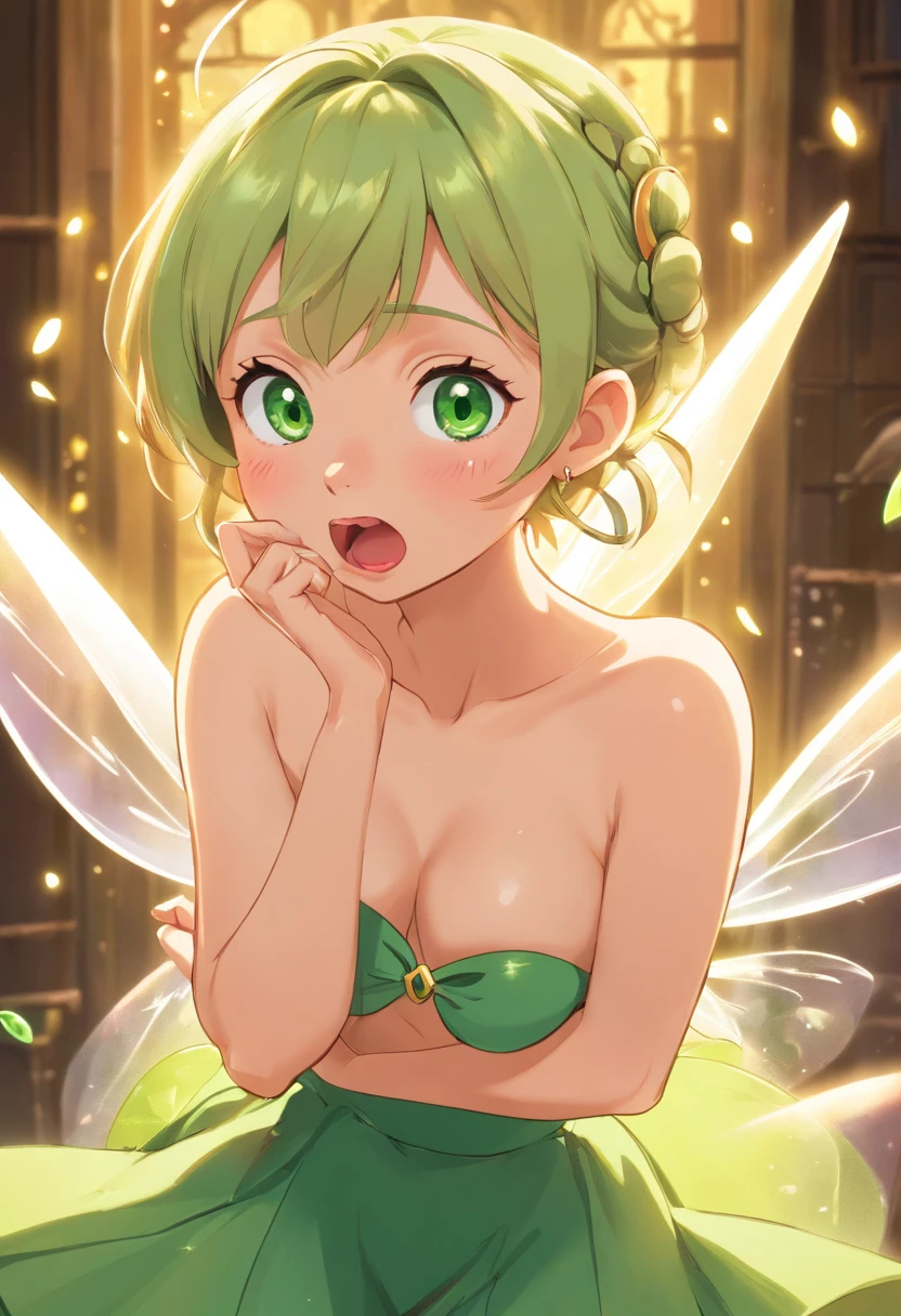 Tinkerbell, ball gag in mouth, completely topless, crying, wide eyes, small breasts, green skirt, whimsical