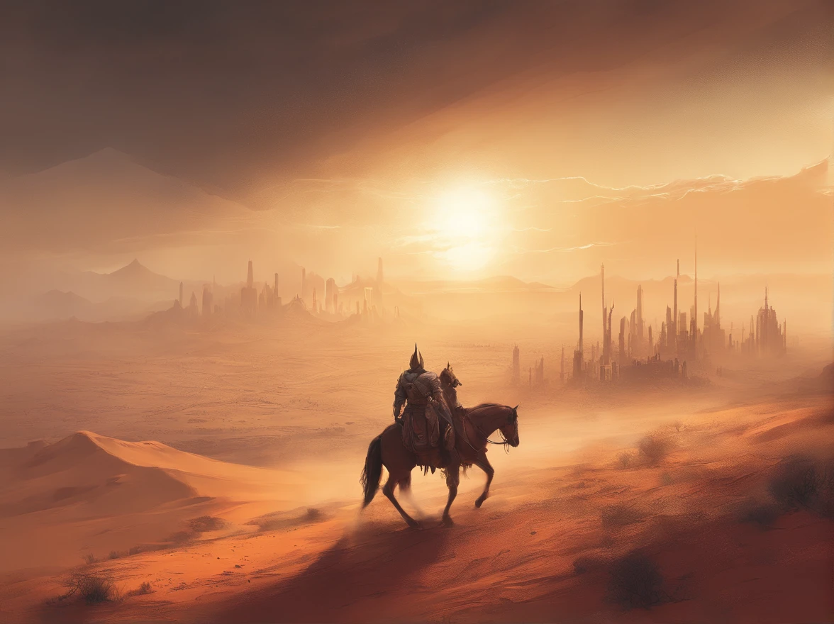 sun in haze, desert, horsemen, city in the distance, storm in the desert