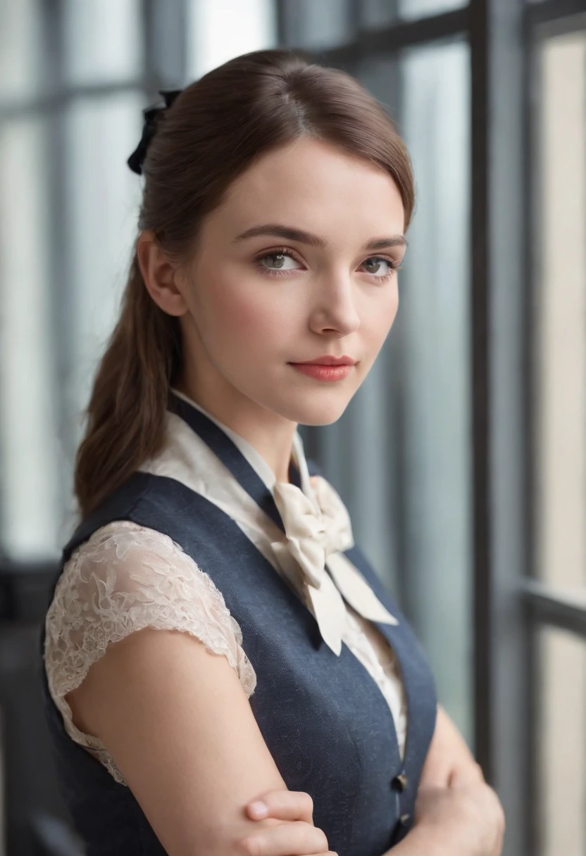 1girl, matured female, vest, bow, photo, realistic, best quality, hires, detailed face, office, buildings from window, detailed background, diffused sunlight, depth of field, bokeh