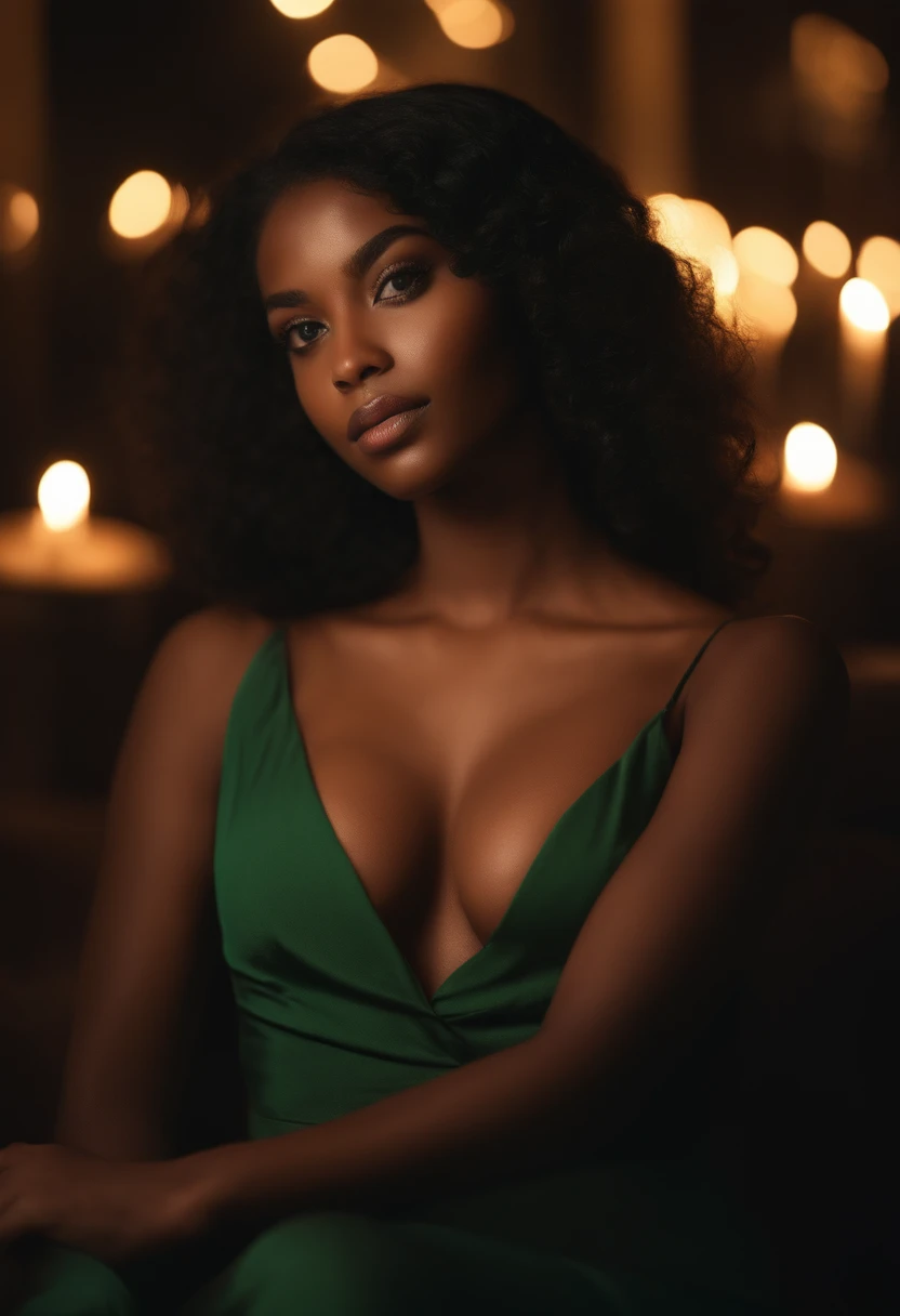 dark complexion, woman around 19 years old, natural black hair, distinctive green eyes, wearing fitting clothing, slender and voluptuous, beautiful, candlelight in a night scene setting, ultra sharp focus, realistic shot, revealing tight fitting clothes, pastel colors (scar:1.4)