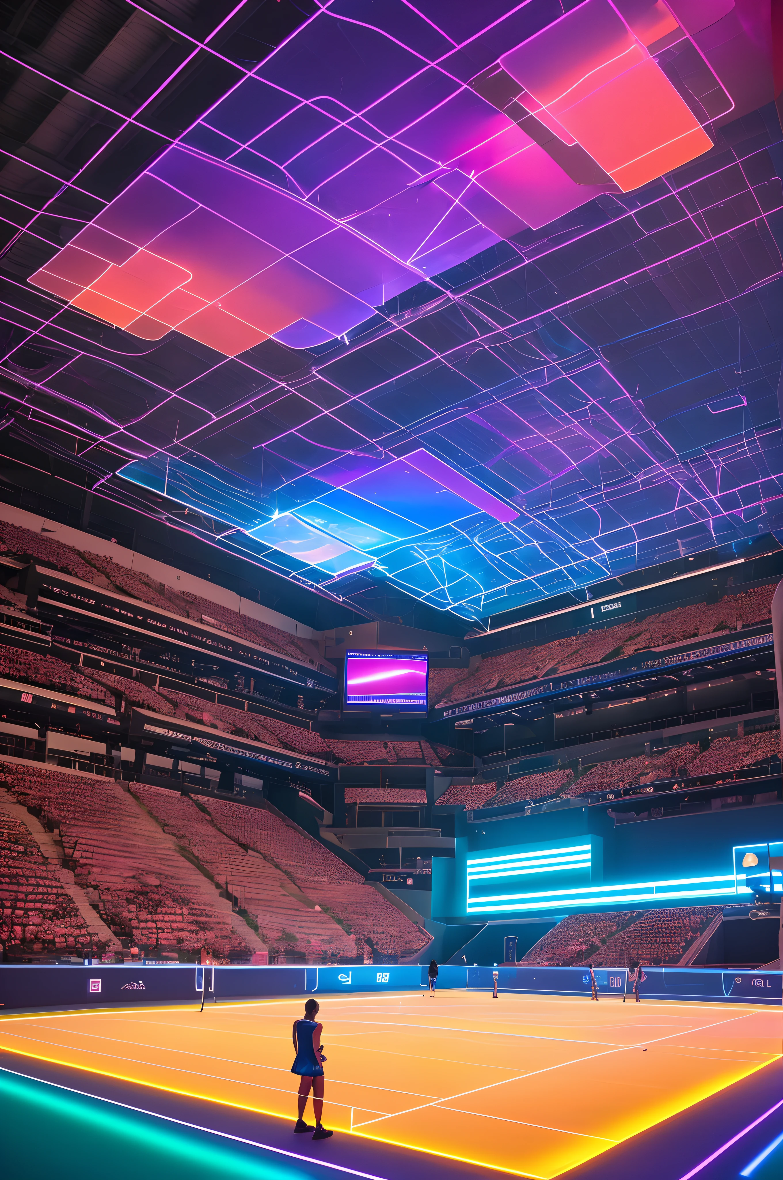 Visualize a futuristic volleyball court in a nocturnal setting. The lines of the court are formed by blue and purple LED trails that glow brightly in the darkness. The floor is made of futuristic material, refletindo as luzes neon que piscam ao redor. Side nets are made of fiber optic wires, Creating Shimmering Light Patterns. The light towers are composed of holograms that project a cybernetic aura over the environment. The sound of footsteps echoes on the illuminated floor, while players wearing holographic uniforms move with agility, deixando rastros de neon no ar. Uma atmosfera eletrizante permeia a quadra, turning it into a futuristic neon volleyball spectacle.