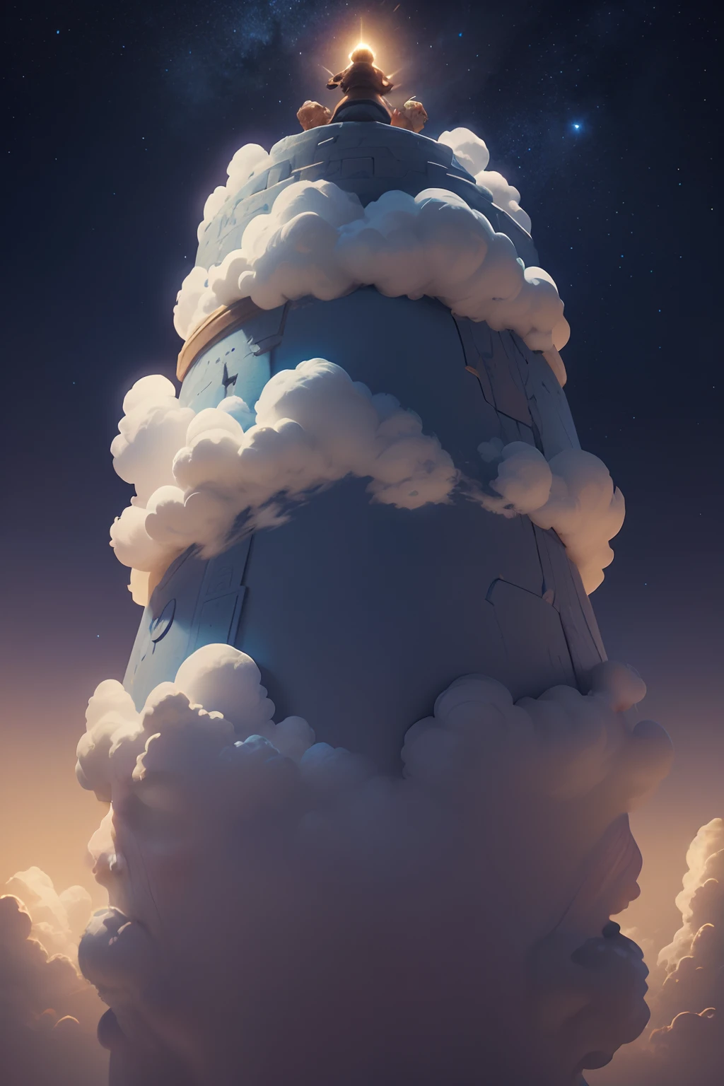 The old man throws back his head and looks at the huge stars in the night sky. Clouds around the edges, Ancient Biblical Setting, 3D cartoon in the style of Disney Pixar. Close-up from bottom to top. blurred background. Light haze