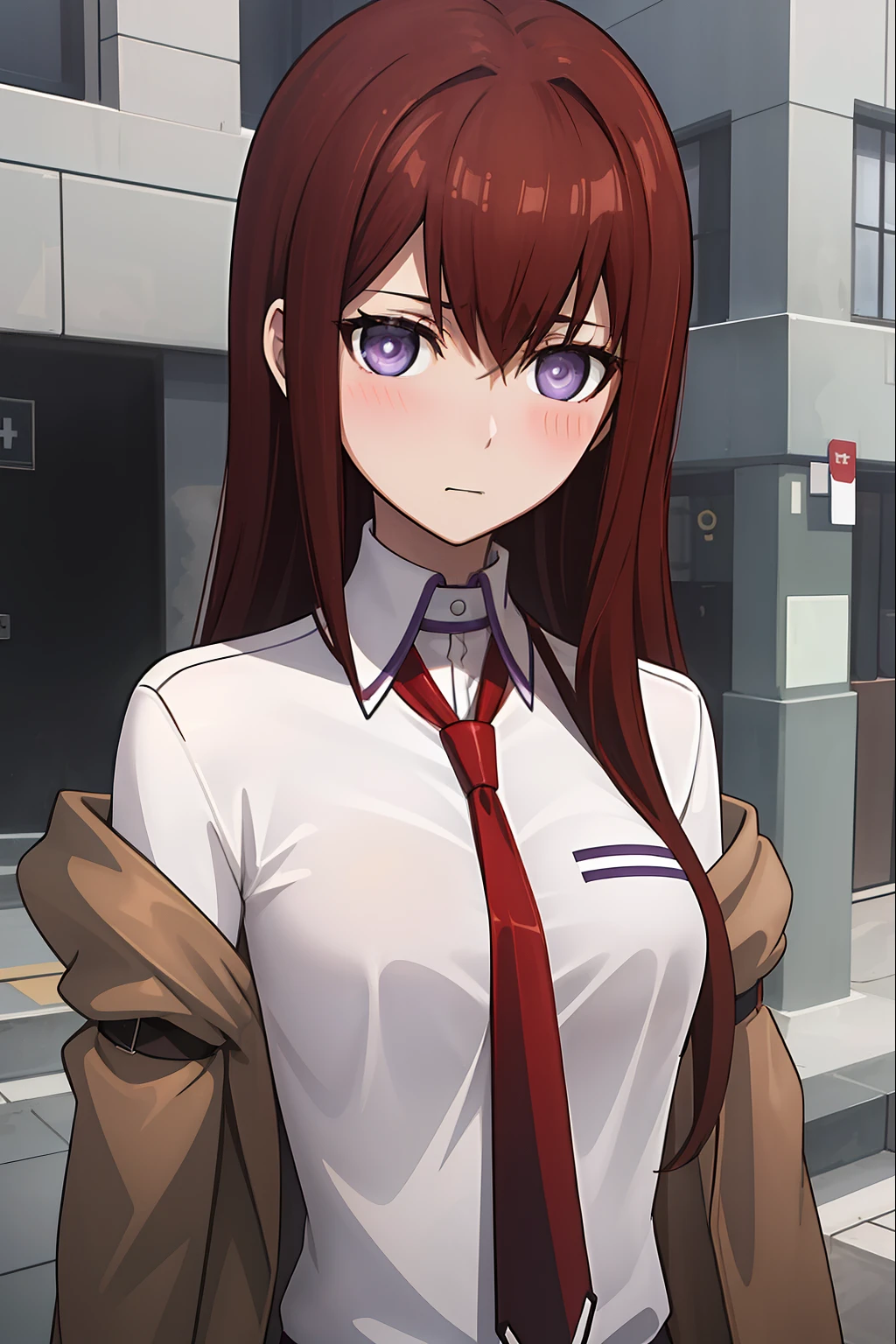 ((masterpiece,best quality,ultra detailed,8k)),brown_hair,collared_shirt,jacket,long_sleeves,makise_kurisu,standing,red_necktie,solo,1girl,white_shirt,perfect face,red_hair,purple_eyes,((blush)),upper body,(close_mouth)