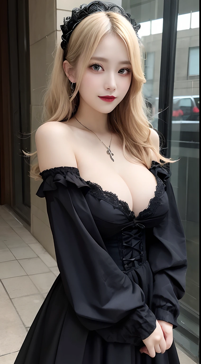 masutepiece, Best Quality, Illustration, Ultra-detailed, finely detail, hight resolution, 8K Wallpaper, Perfect dynamic composition, Beautiful detailed eyes, Gothic ta, off shoulders, Blonde wavy hair, (gigantic breasts:1.3), cleavage of the breasts, Gothic fashion, Gothic makeup, Bold sexy poses,Smile, Landmine fashion、20 years girl、Cute、Sexy shot looking at camera, Full body