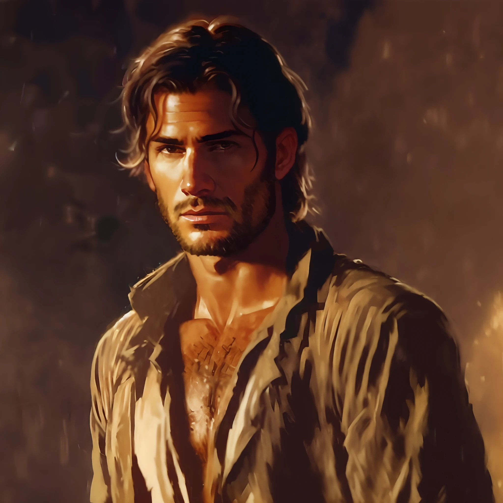 A handsome spanish/portuguese man with medium length flowing hair, In 1920's attire that looks a lot like Indiana Jones/Nathan Drake, very masculine, waist length photo, in a leather coat open so to show his bare chest but only a little