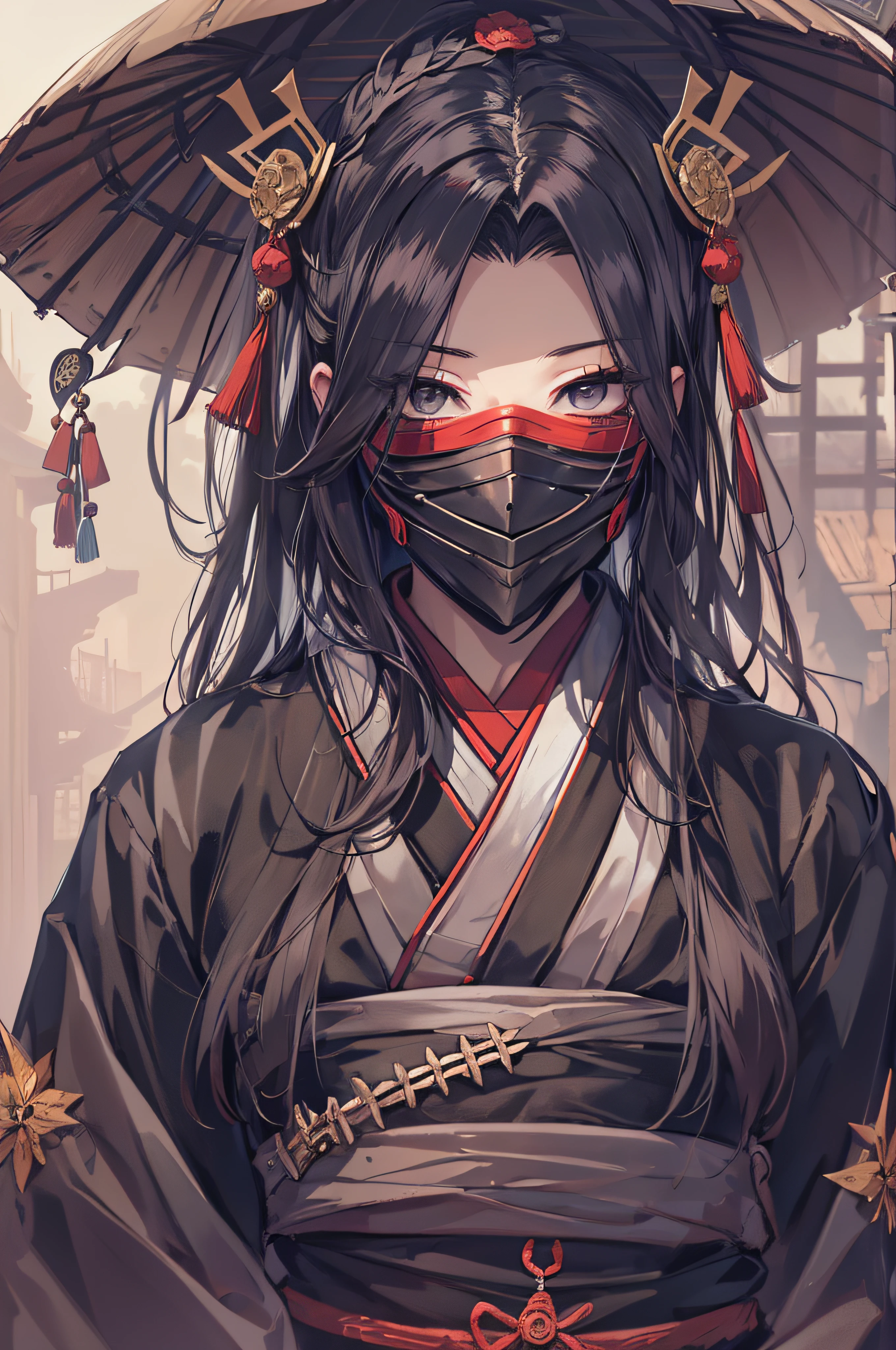 a drawing of a woman in a black outfit wearing a hanya mask, inspired by Kusumi Morikage, inspired by Kanō Hōgai, inspired by Kanō Sanraku, inspired by Kawabata Ryūshi, female samurai, in japanese anime style, anime style character, senpou temple, Sekiro, corrupted priestess,