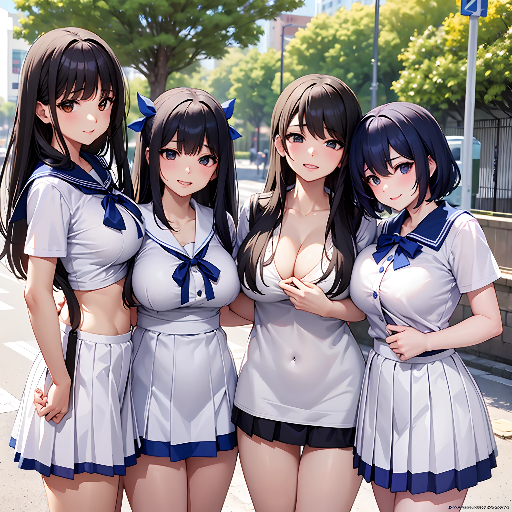 Trem lotado、Threesome of busty high school girls with short black hair standing happily、tits out、cleavage of the breast、teats、White short-sleeved shirt、Kamimei、In the strong wind, the navy blue ultra-short pleated skirt flips up and you can see the white panties.、bow ribbon、Futomo、perspiring、Surrounded by a crowd of middle-aged men、camel toe