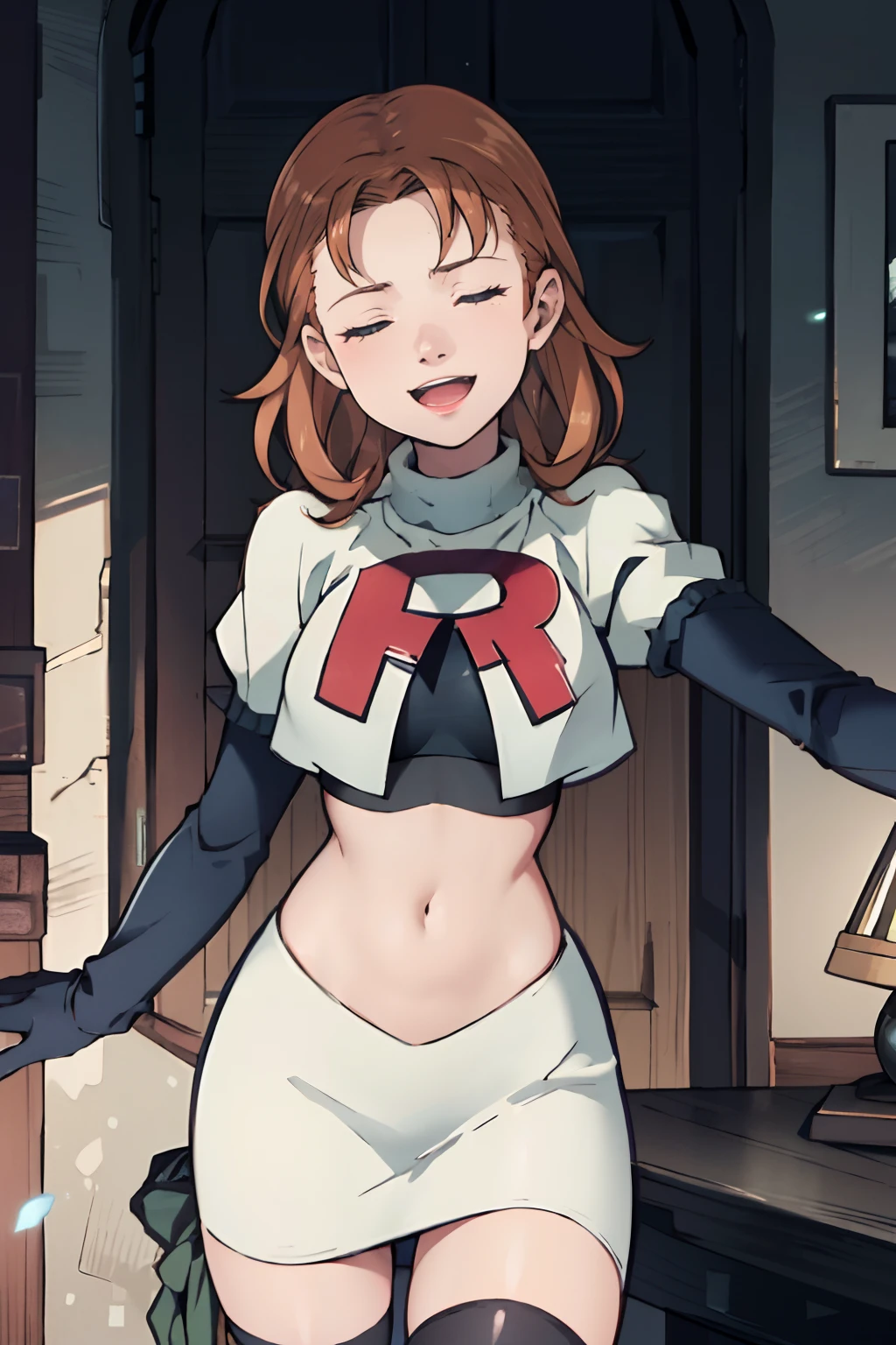 annette_war, long hair, team rocket,team rocket uniform, red letter R, white skirt,white crop top,black thigh-highs,black elbow gloves, both arms stretched out in front of viewer, closed eyes, happy open mouth smile, as she sings to the viewer