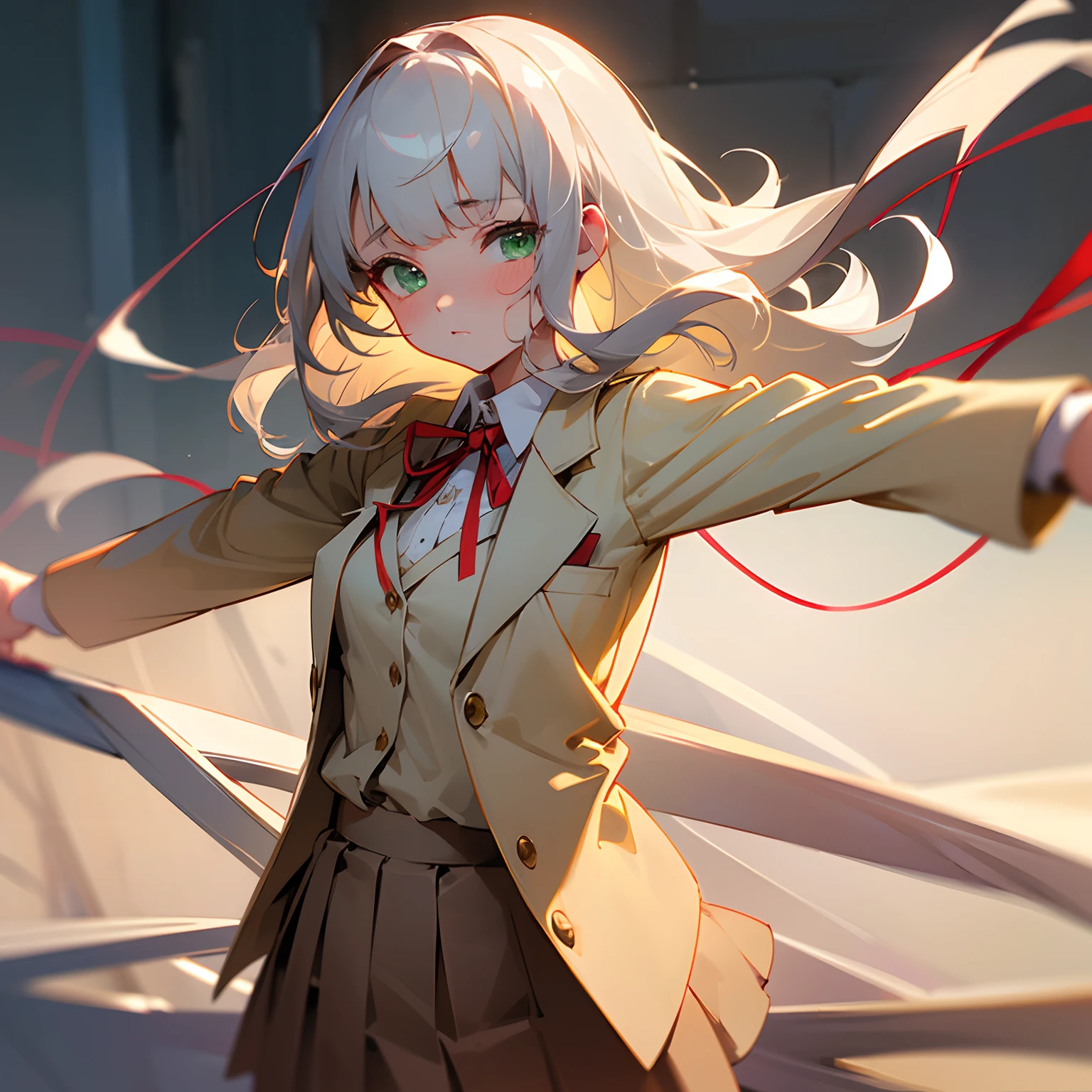 ((Masterpiece)), (Professional Photography:1.2), (High Definition:1.3), best quality, 8K, Textured skin, cinematic lighting, (1girl), short stature, ((cute teenage young girl)), on the rooftop, extend both arms, (very blunt bangs, slightly loose curls hair, breasts length hair, high details of pale silver hair), very blush and lewd face, (cute green eyes), drooping eyes, slender waist, (pale Ivory color blazer student's uniform, white blouse), put on red string ribbon, (brown skirt), extend both arms, sunnyday