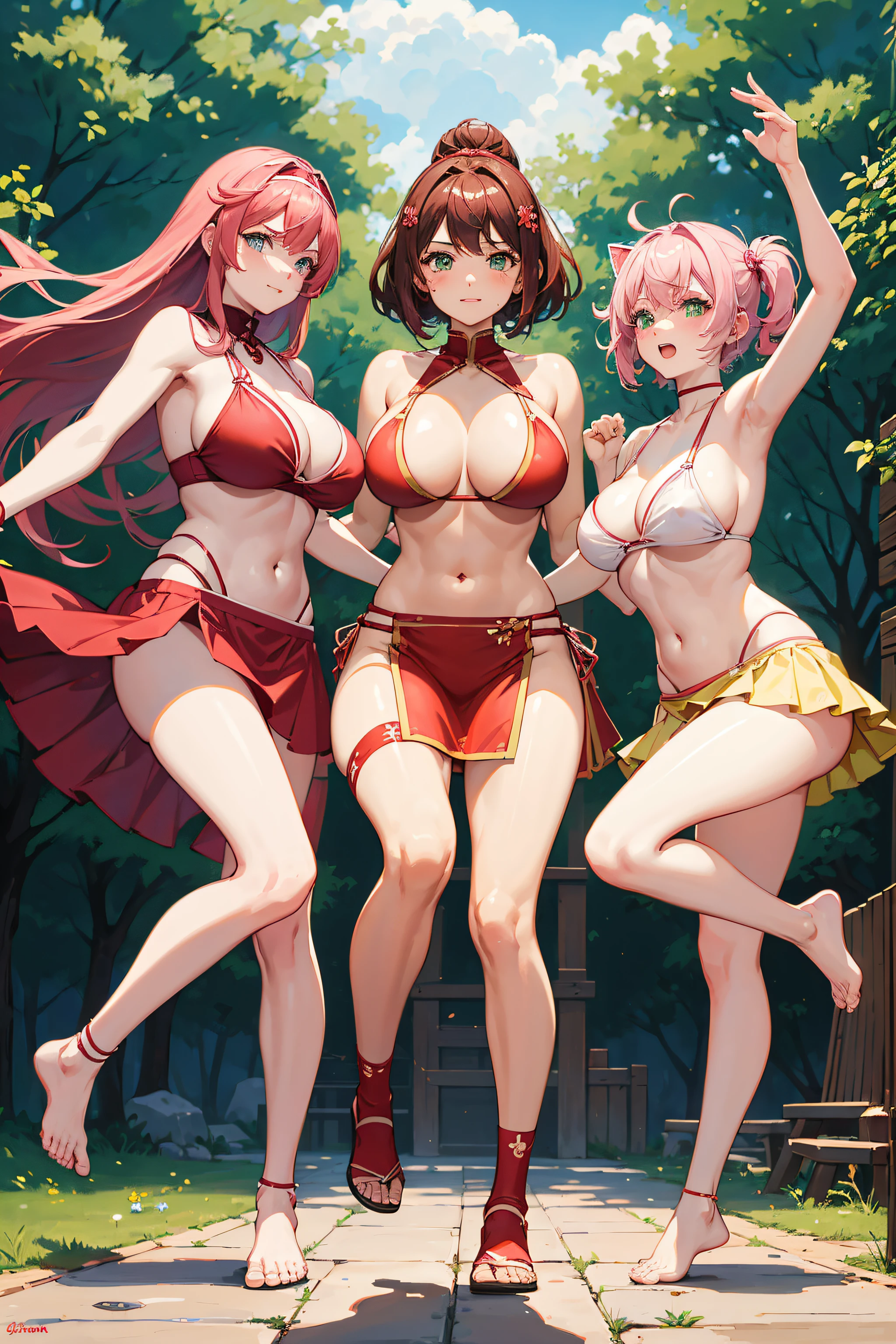 (Best Quality), Three girls, All three of them wear red loincloths, Stepping on the four legs of sumo wrestling, Pink hair, short-hair, Green eyes, simple background, cute kittens