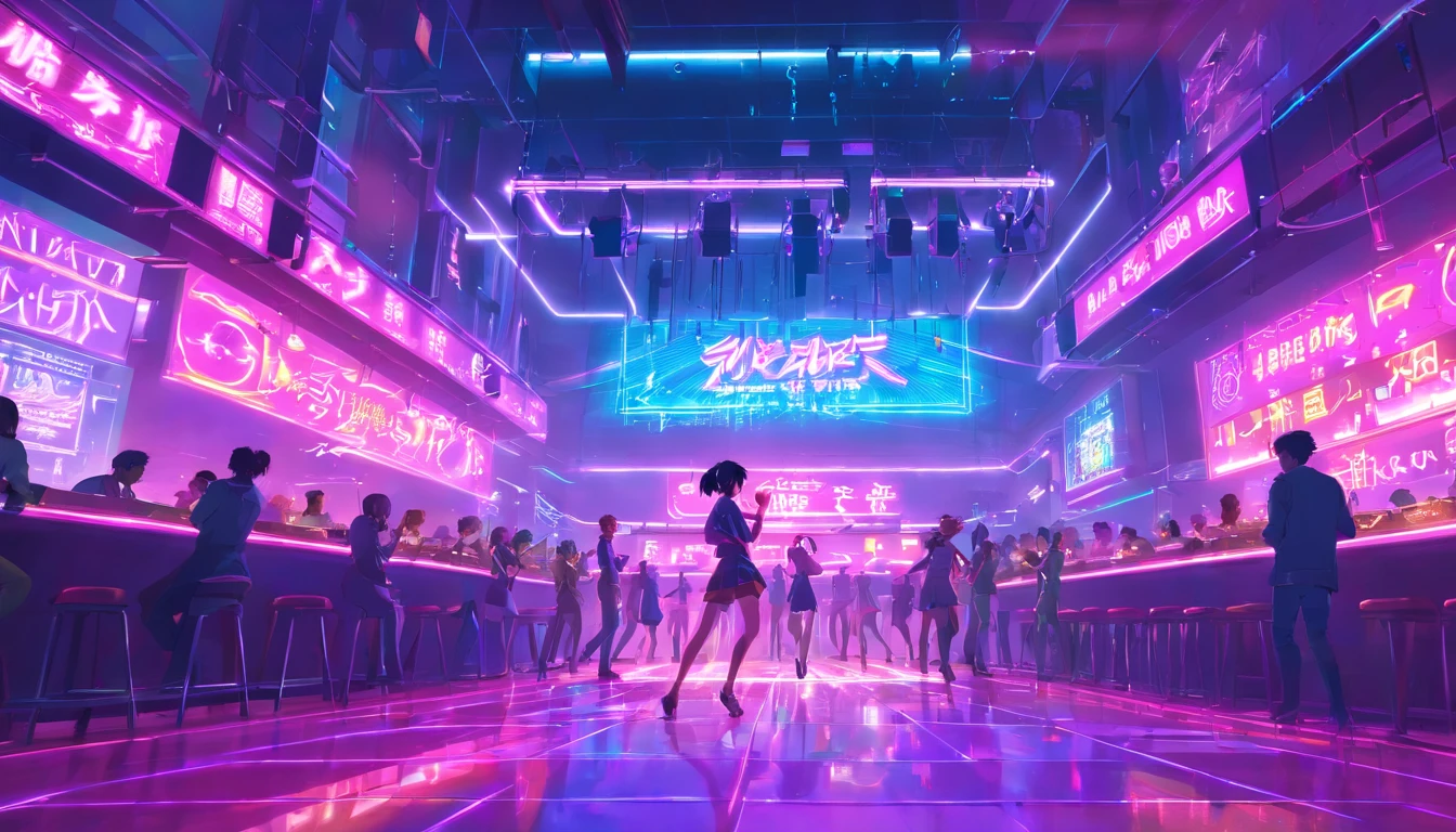 "Vibrant cyberpunk dance club with immersive pink-purple neon lights, intense atmosphere , action-packed, lots of lights, party and