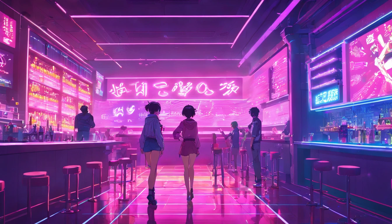 "Vibrant cyberpunk dance club with immersive pink-purple neon lights, intense atmosphere , action-packed, lots of lights, party and