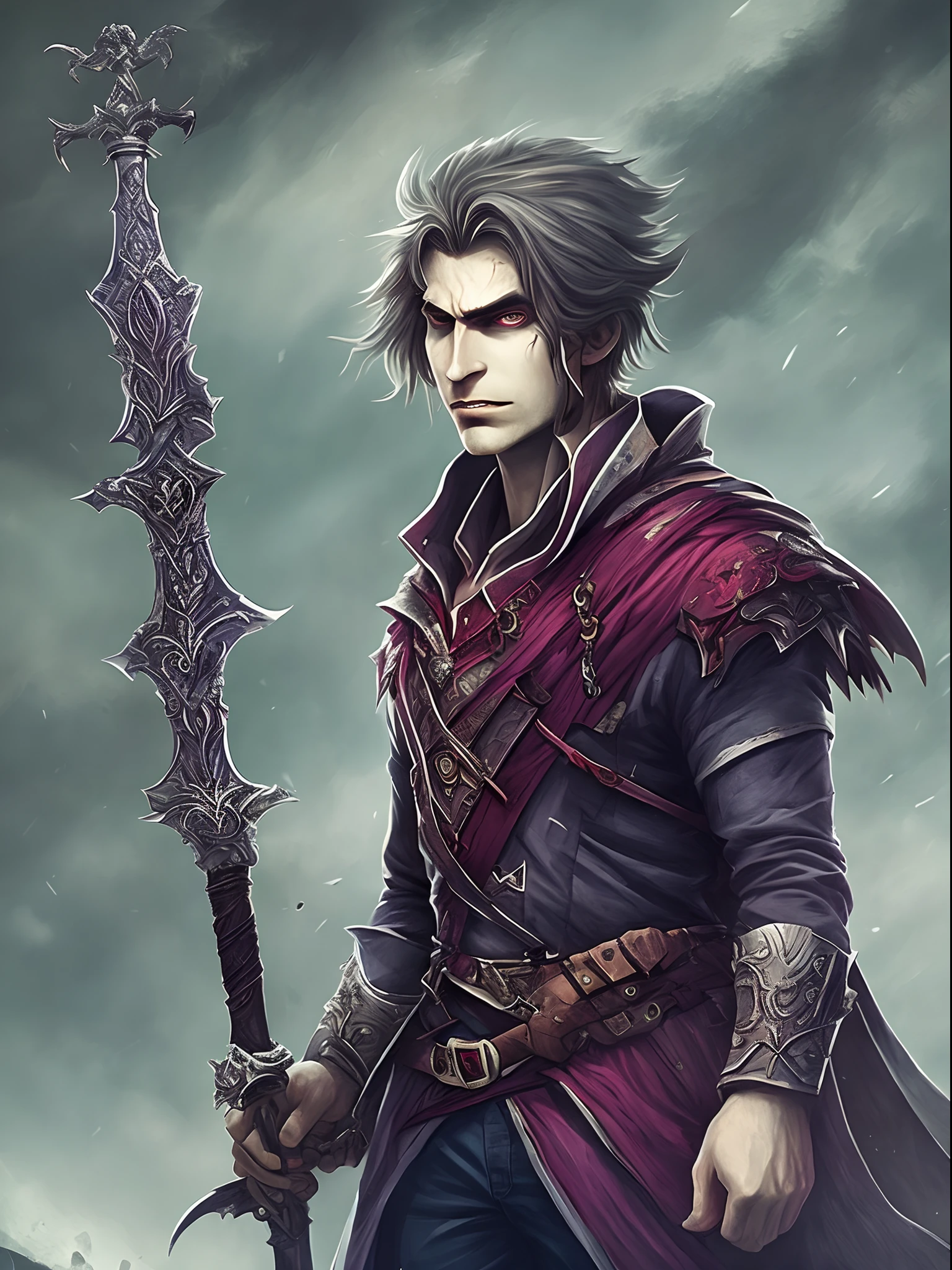 Noble vampire man with a red and purple sword , ambiance sombre , cadavre de monstre