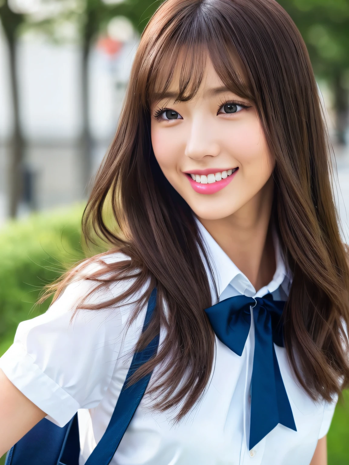 masterpiece, close up shot of a face, directly front view, 1 woman per 1 photo, a Japanese young pretty woman, walking on a school corridor with carrying a satchel on her shoulder with big smile, waving a hand to say good by toward a camera, glamorous figure, wearing a short sleeves silky white collared shirt with shiny satin red plain bow tie, hyper pretty face, glossy lips, double eyelids in both eyes, natural makeup, long eyelashes, shiny smooth light brown hair of medium length, asymmetrical bangs, tanned skin, wearing a dark blue pleated skirt, head in the frame, central image, 8K resolution, high detail, detailed hairstyle, Detailed Face, spectacular cinematic lighting, octane rendering, vibrant, hyper realistic, perfect limbs, perfect anatomy
