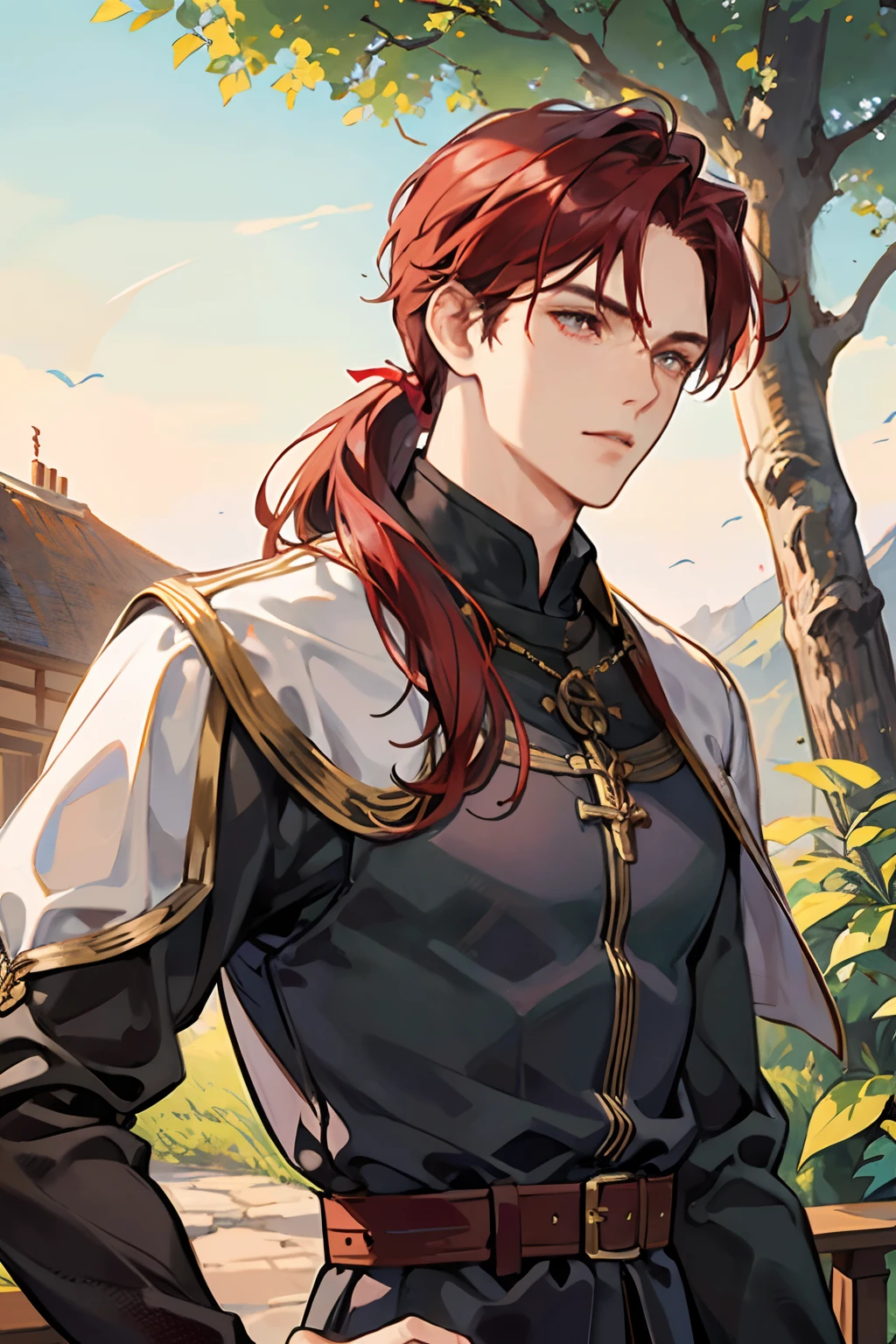 1male, adult face, handsome, commoner, townsfolk, archer, in a medieval forest, serious expression, dark red hair with low ponytail