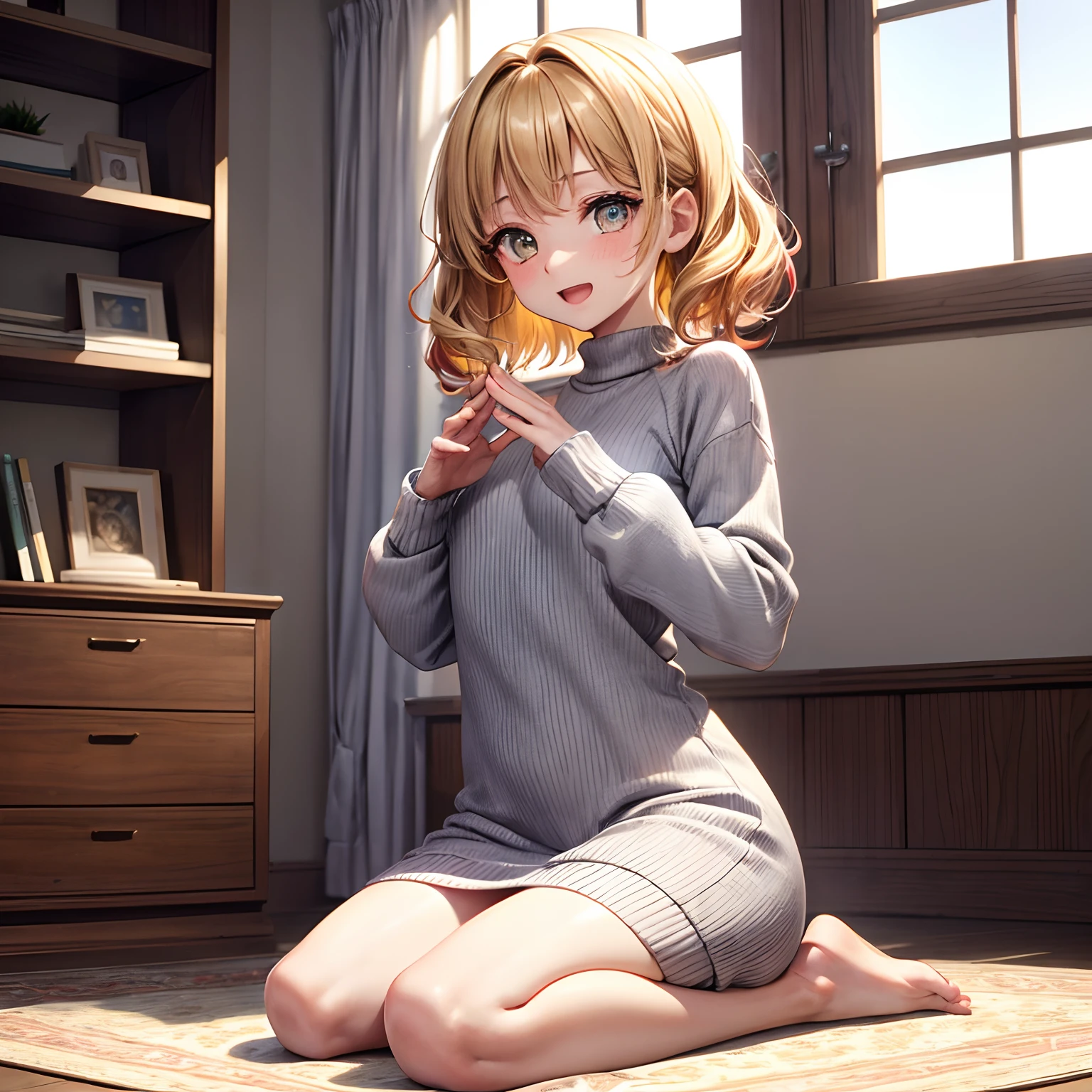 //Quality, masterpiece, high quality, best quality, super detailed, 16K, //base, Makima, one girl, cute, short height, (: 1.2), //hair color, (super detailed, two-color mixture Hair: 1.7), (Blonde hair: 1.5), (Red hair tips 1.8), Mesh, (Short wavy hair: 1.5), // Face, Young face, (Troubled face: 1.3), Smiling, Mouth open, Open mouth and be happy, // Eyes, (Dooping eyes: 1.5), (Yellow eyes: 1.7), Symmetrical clear eyes, Kind eyes, // Body, Slim, (Middle chest: 1.8), Exposed chest , (Beautiful fingers: 1.7), // Pose, Greetings, (Sit on the floor: 1.5), (Seiza: 1.5), Sit with your feet together, (Put your hands on your thighs: 2.2), Both hands, //Clothing, ((super detailed, gray sweater dress: 1.5)), gray sweater, exposed chest, //location, on the carpet, home, bedroom, morning, sunlight