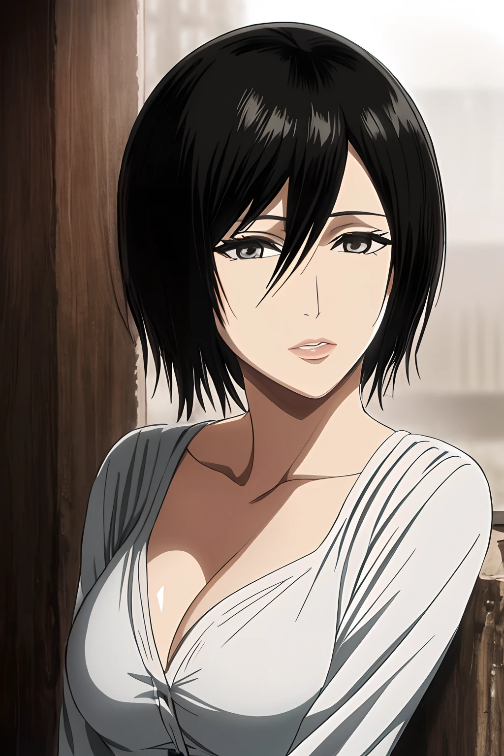 1girl, mikasa ackerman, (black hair:1.3), hair between eyes, short hair, sideburns, gray eyes, lips, cleavage, close up, solo, lips,, masterpiece, best quality,