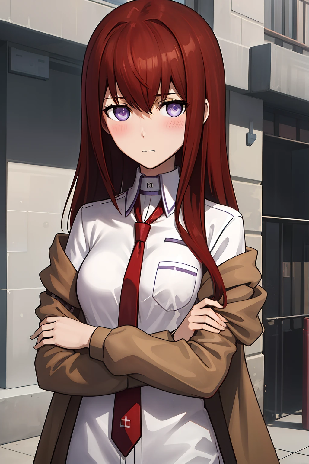 ((masterpiece,best quality,ultra detailed,8k)),brown_hair,collared_shirt,jacket,long_sleeves,makise_kurisu,standing,red_necktie,solo,1girl,white_shirt,perfect face,red_hair,purple_eyes,((blush)),upper body,(close_mouth)