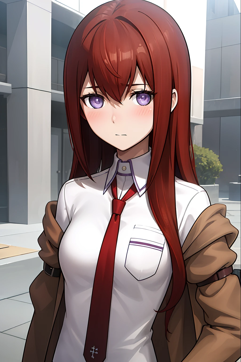 ((masterpiece,best quality,ultra detailed,8k)),brown_hair,collared_shirt,jacket,long_sleeves,makise_kurisu,standing,red_necktie,solo,1girl,white_shirt,perfect face,red_hair,purple_eyes,((blush)),upper body,(close_mouth)