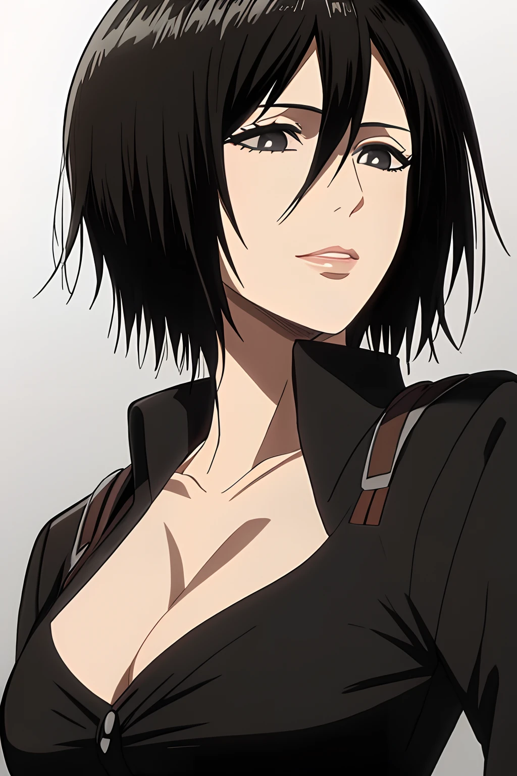 1girl, mikasa ackerman, (black hair:1.3), hair between eyes, short hair, sideburns, gray eyes, lips, cleavage, close up, solo, lips,, masterpiece, best quality,