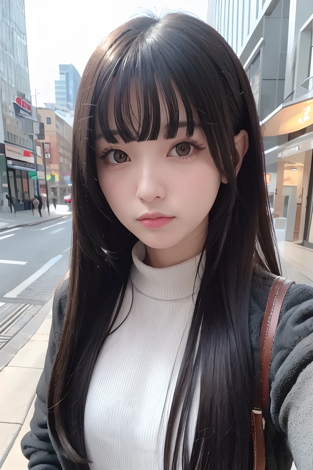 masterpiece, best quality,1girl, solo, black hair, realistic, looking at viewer, black eyes, long hair, coat, bangs, outdoors, closed mouth, upper body, hime cut